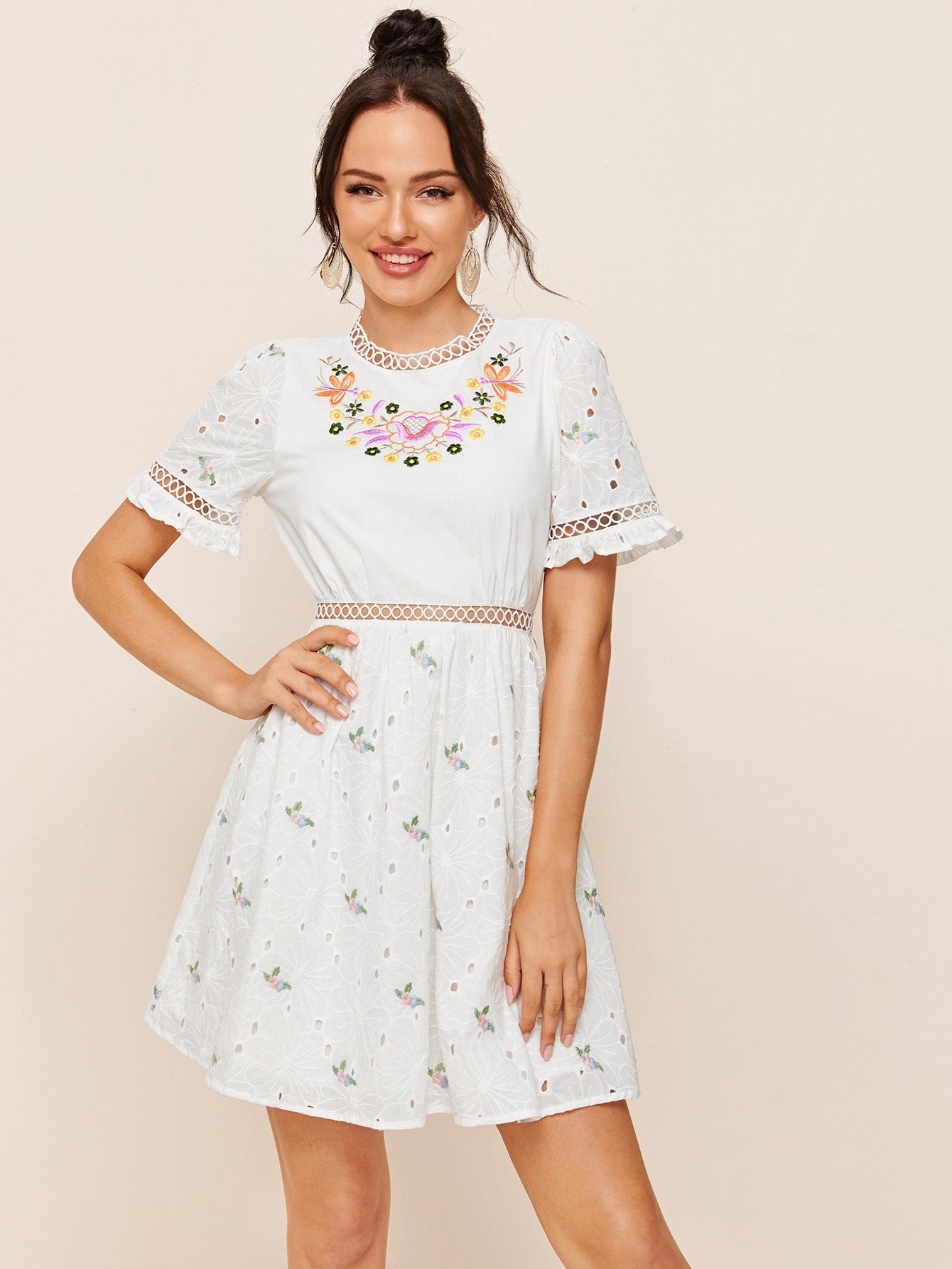 Guipure Lace Insert Floral Embroidery Schiffy Dress
