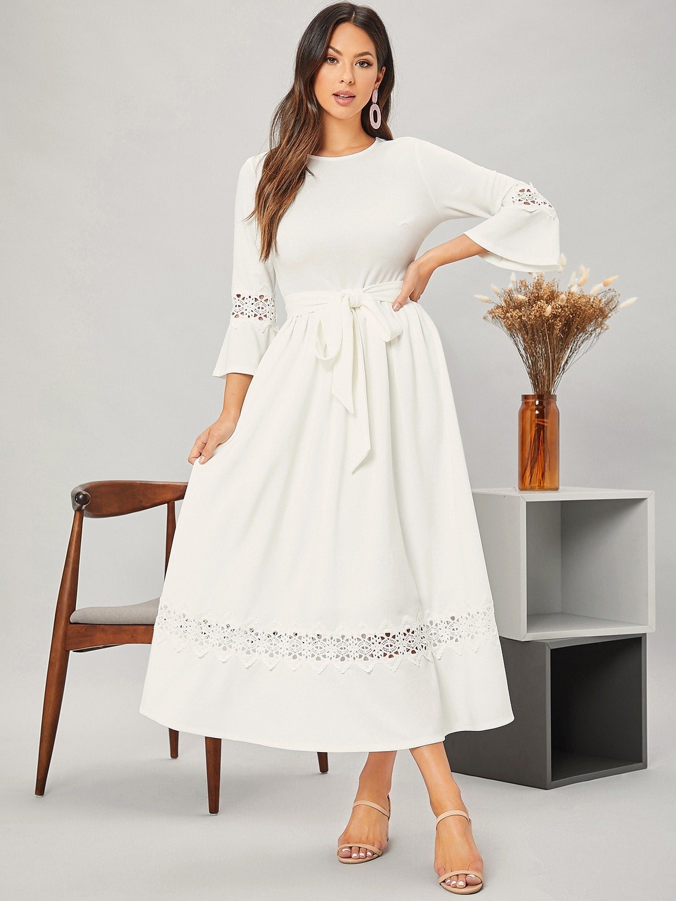 Guipure Lace Insert Self Belted Dress