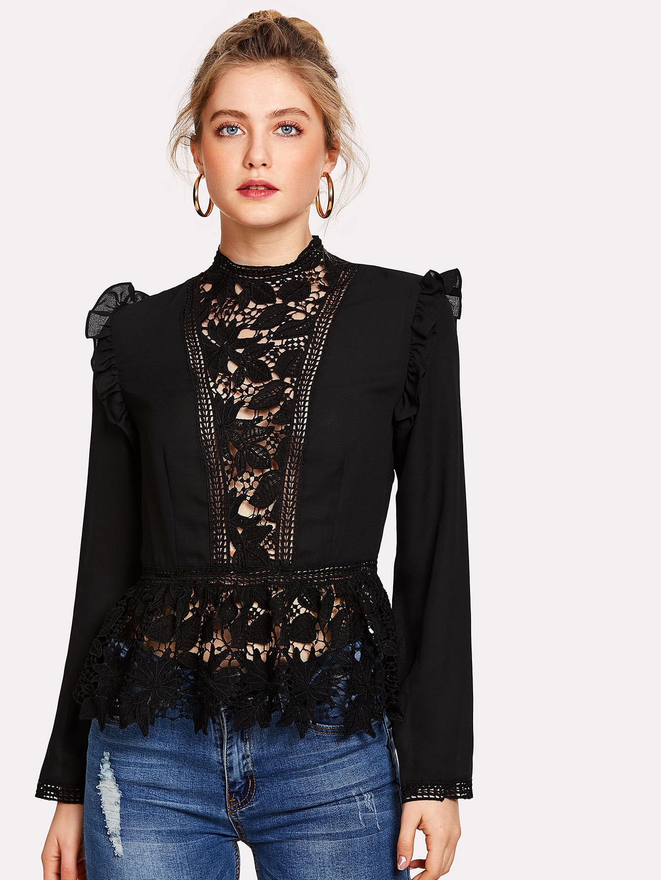 Guipure Lace Panel Ruffle Peplum Top