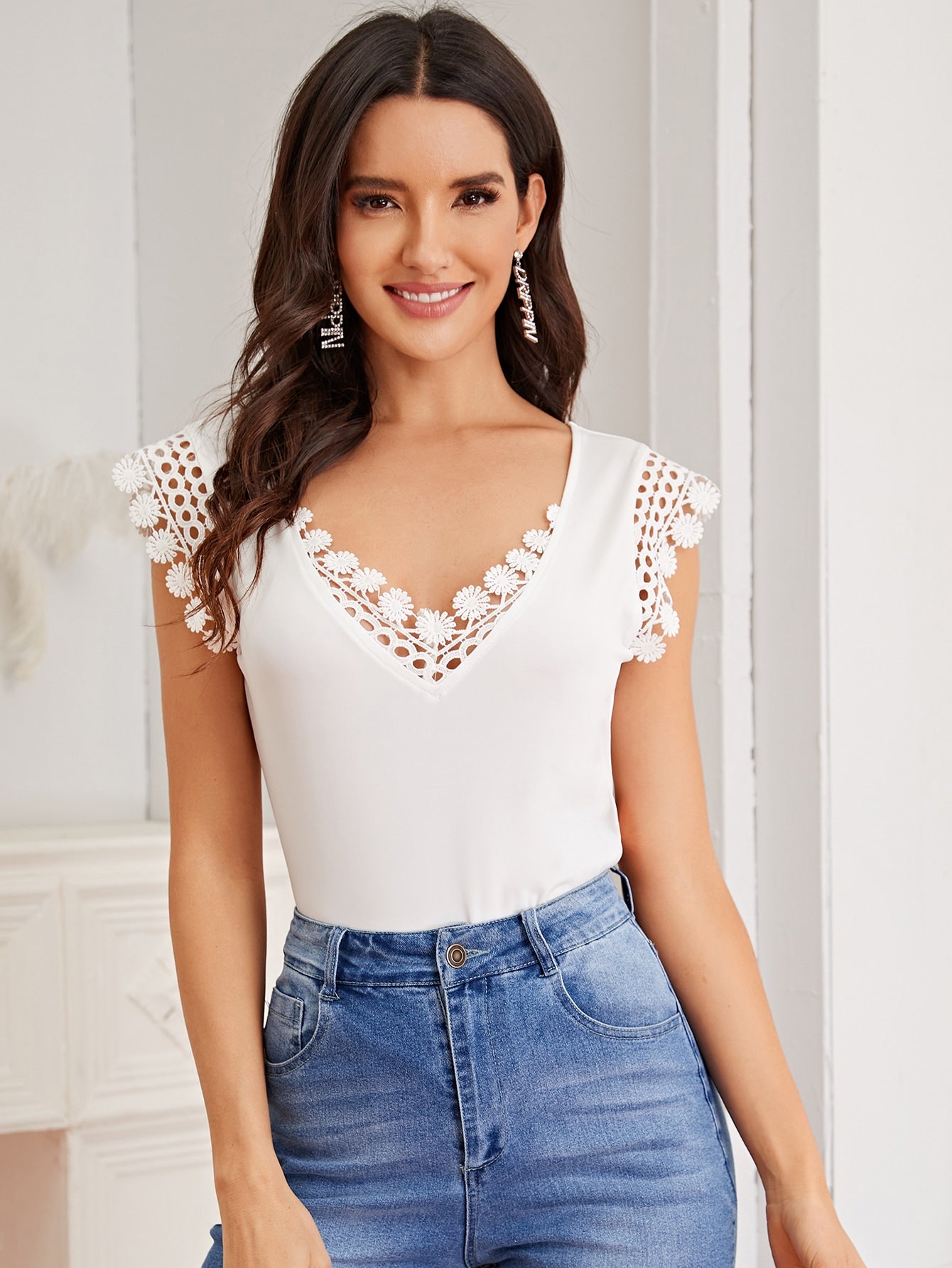 Guipure Lace Trim Solid Top