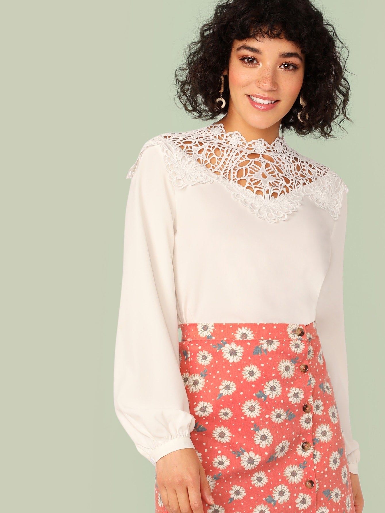 Guipure Lace Yoke Bishop Sleeve Top