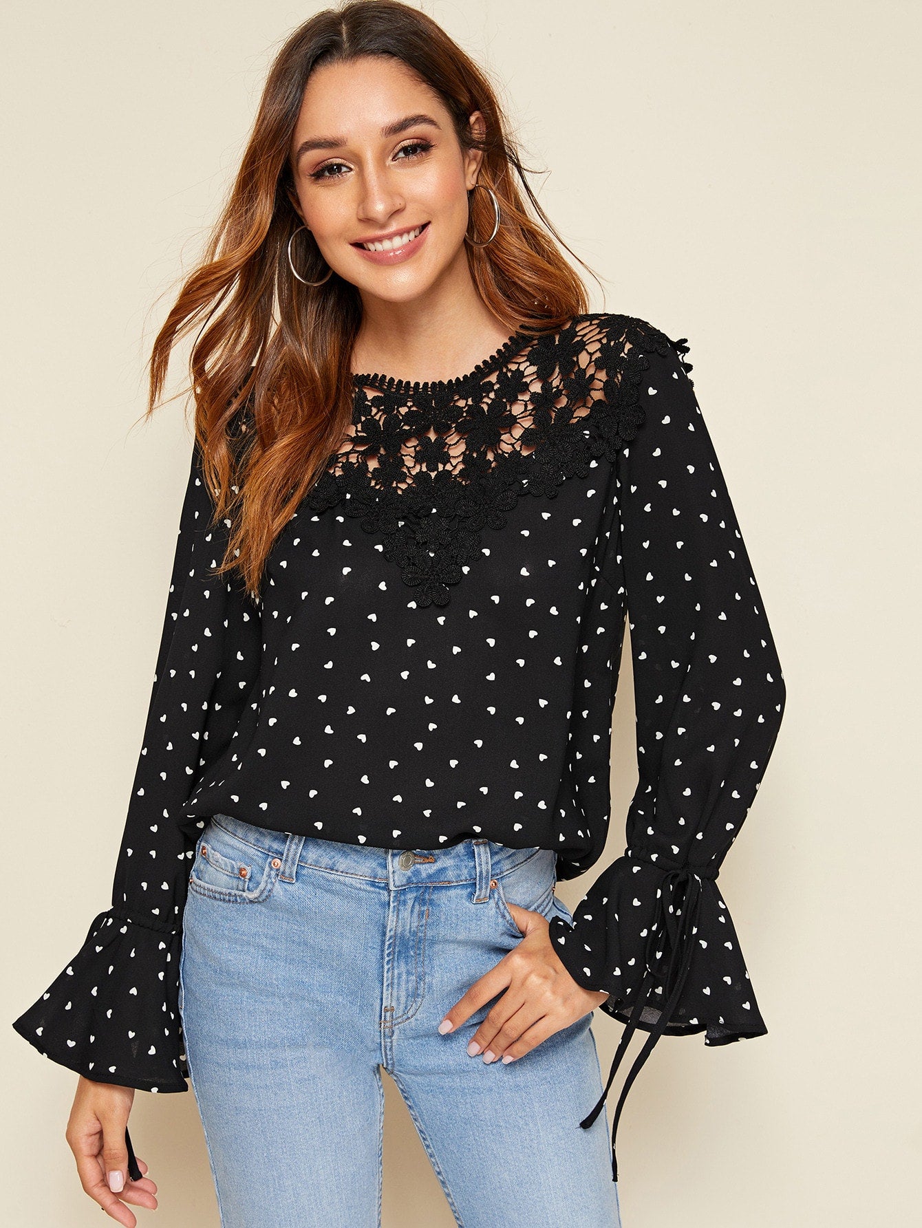 Guipure Lace Yoke Knot Bell Sleeve Top