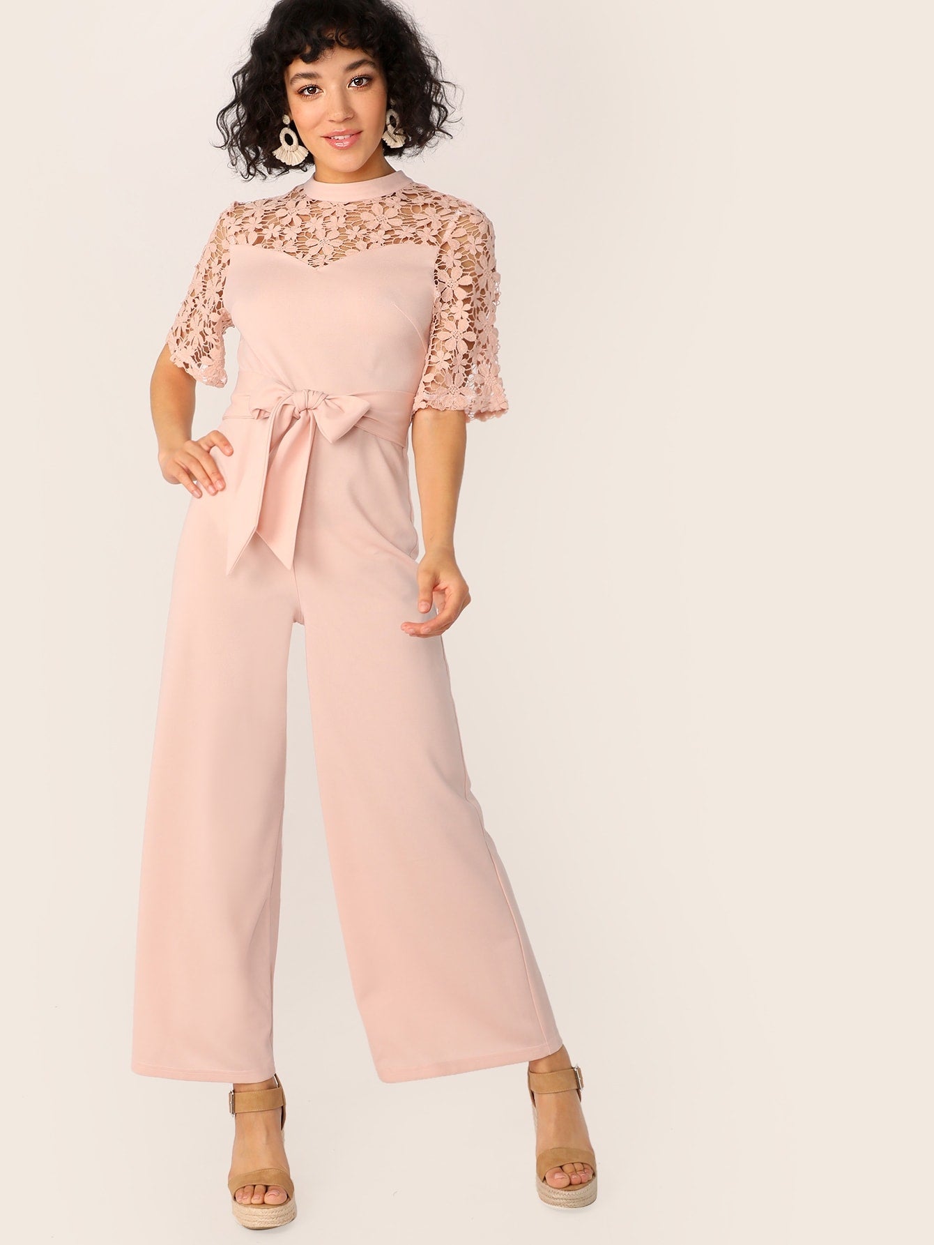 Guipure Lace Yoke Trim Self Belted Wide Leg Jumpsuit