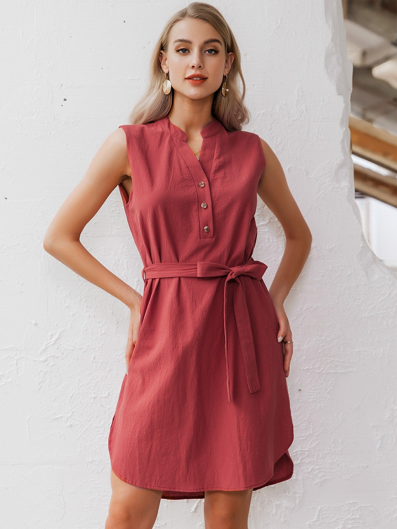 Half Button Belted Curved Hem Dress