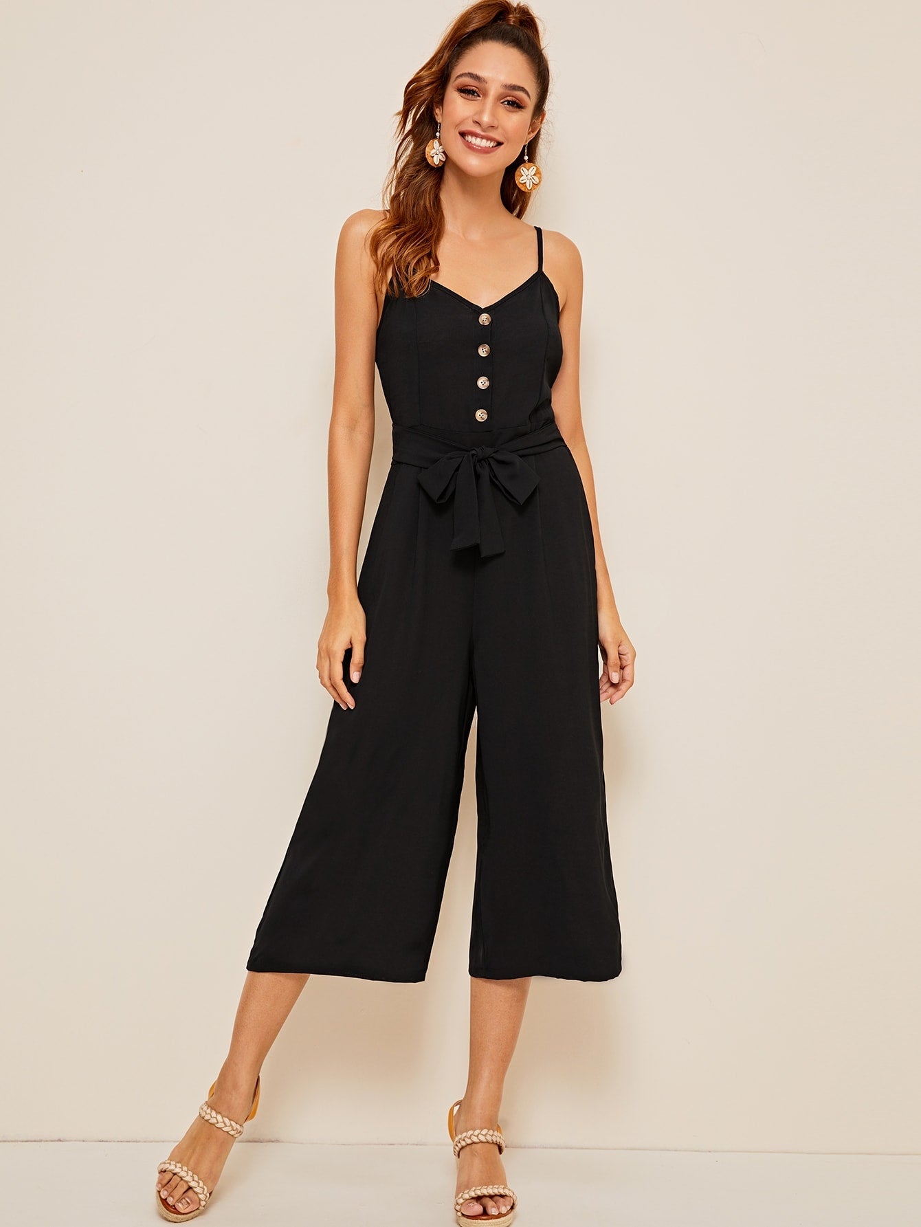 Half Button Belted Wide Leg Cami Jumpsuit