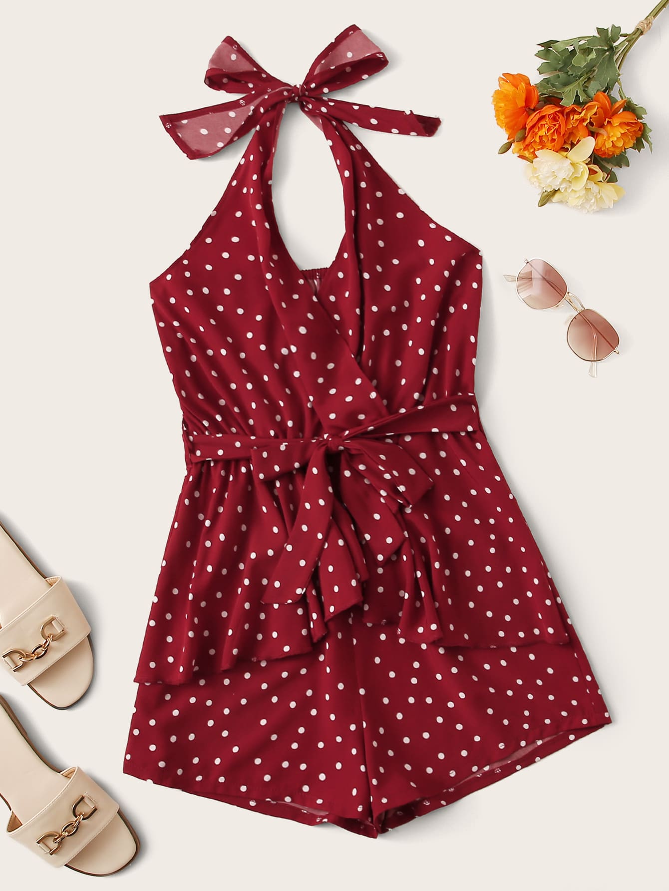 Halter Surplice Front Belted Polka Dot Romper