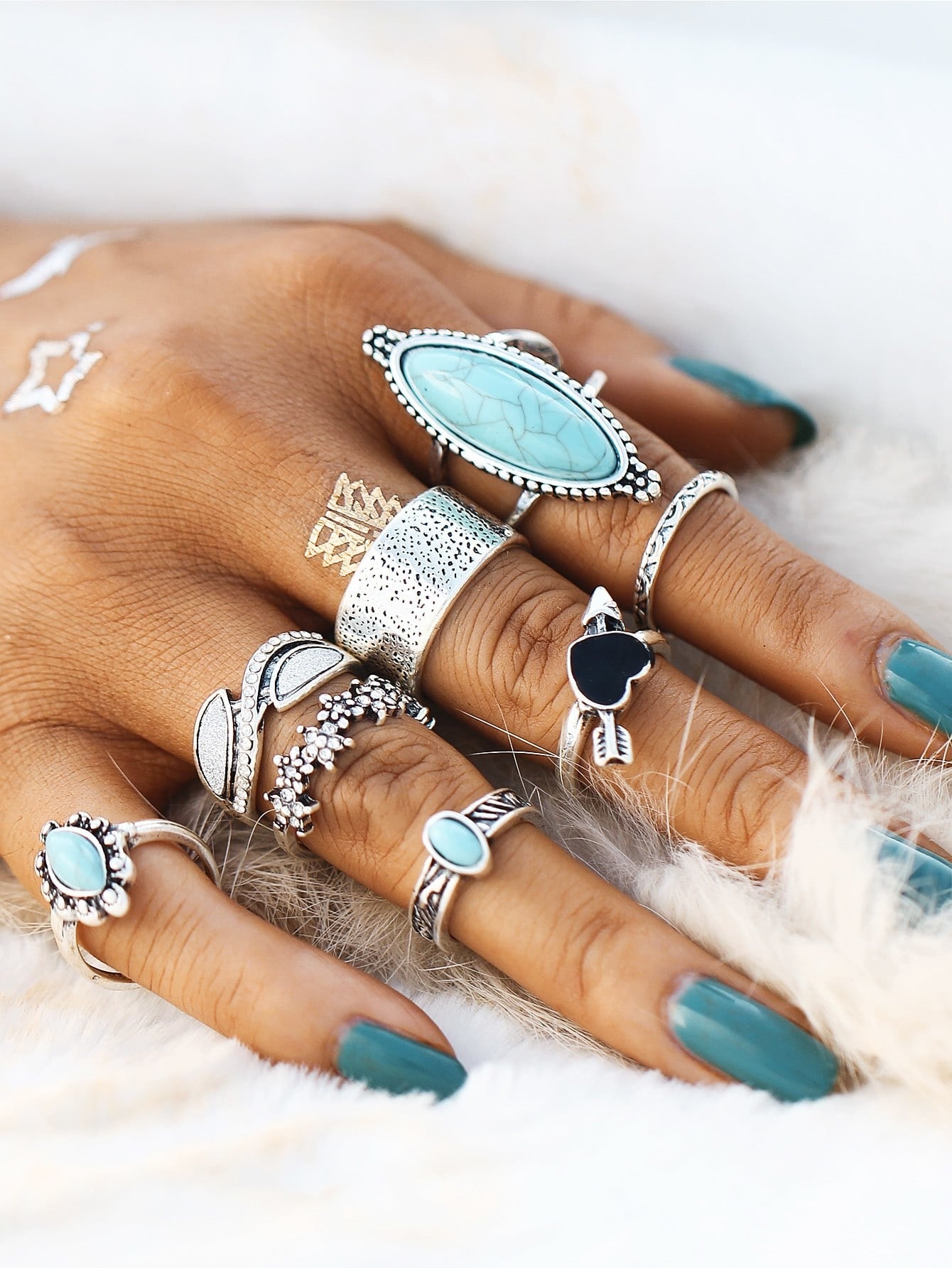 Heart & Flower Design Ring Set With Turquoise 8pcs