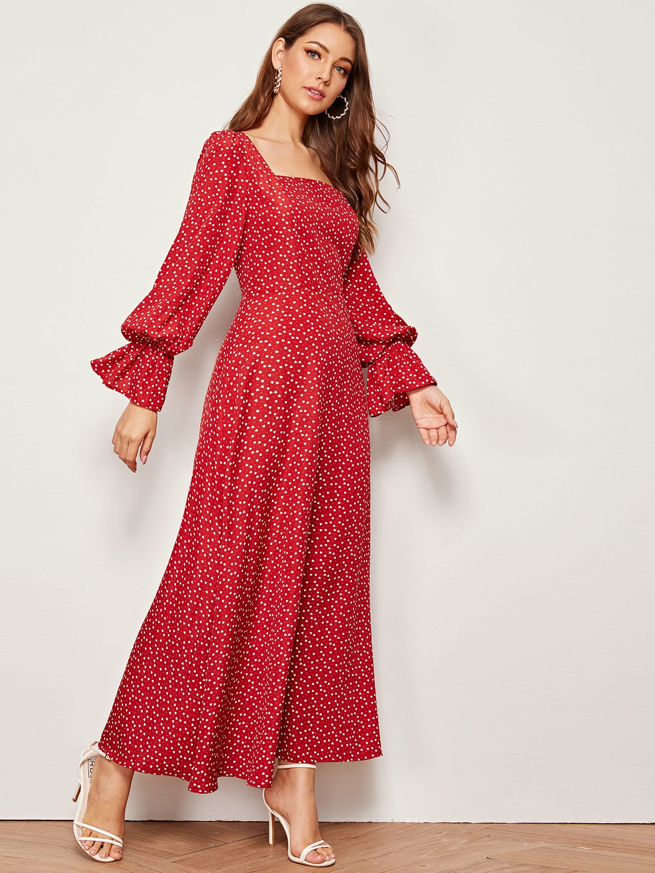 Heart Print Flounce Sleeve Square Neck Maxi Dress