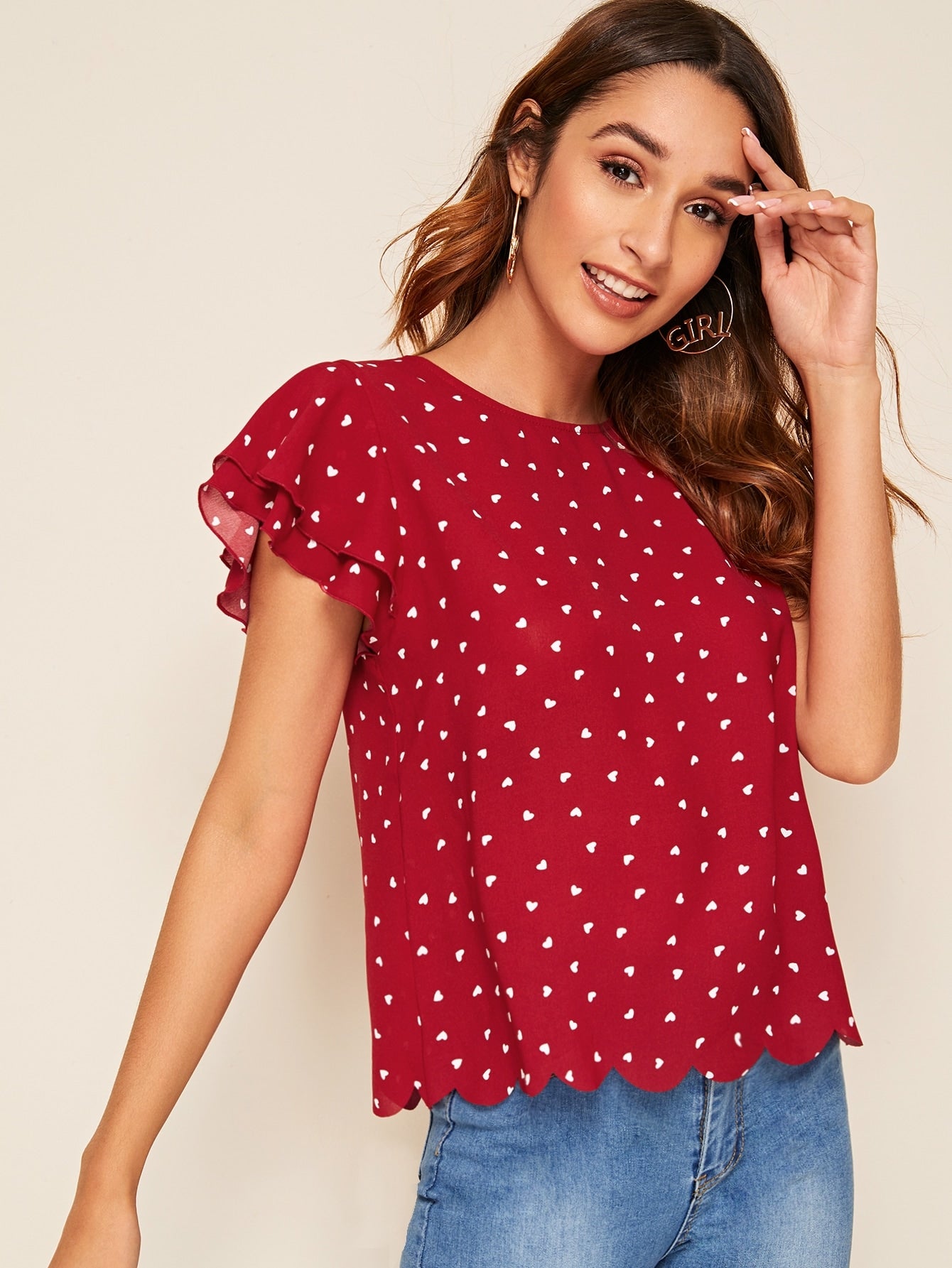 Heart Print Layered Flutter Sleeve Scallop Edge Top