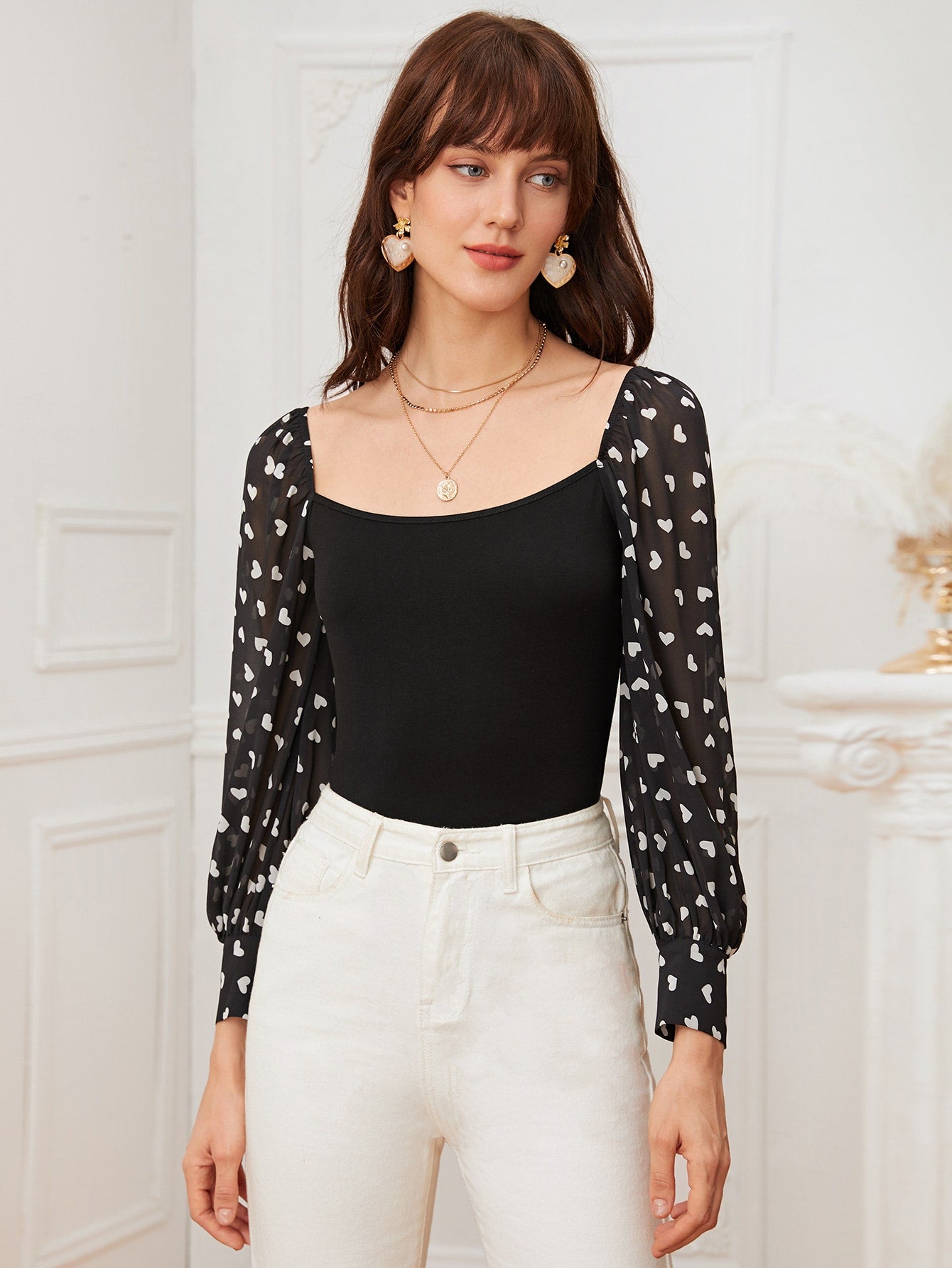 Heart Print Sheer Lantern Sleeve Top