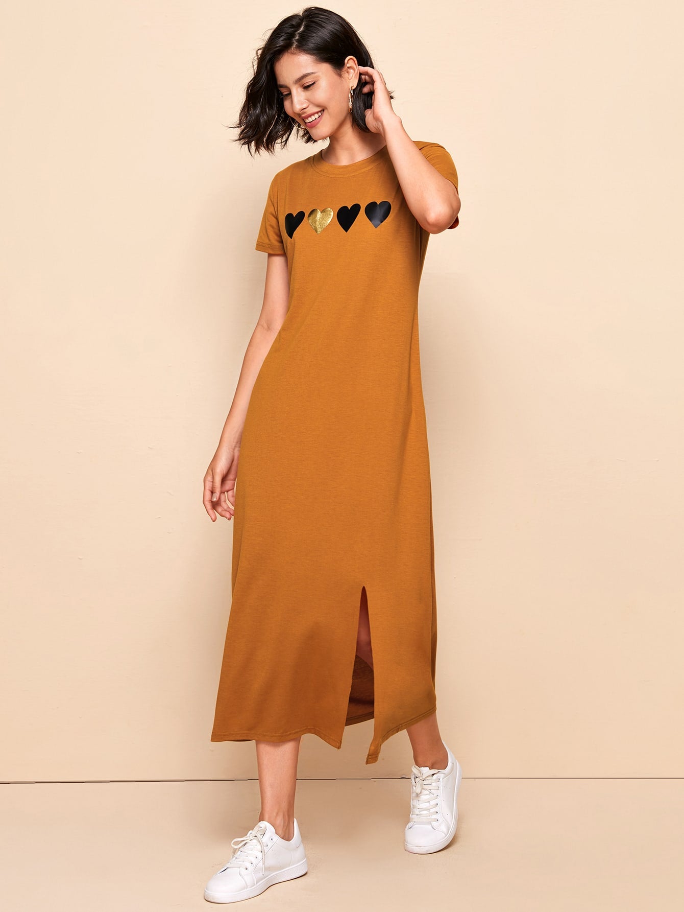 Heart Print Side Split Tee Dress