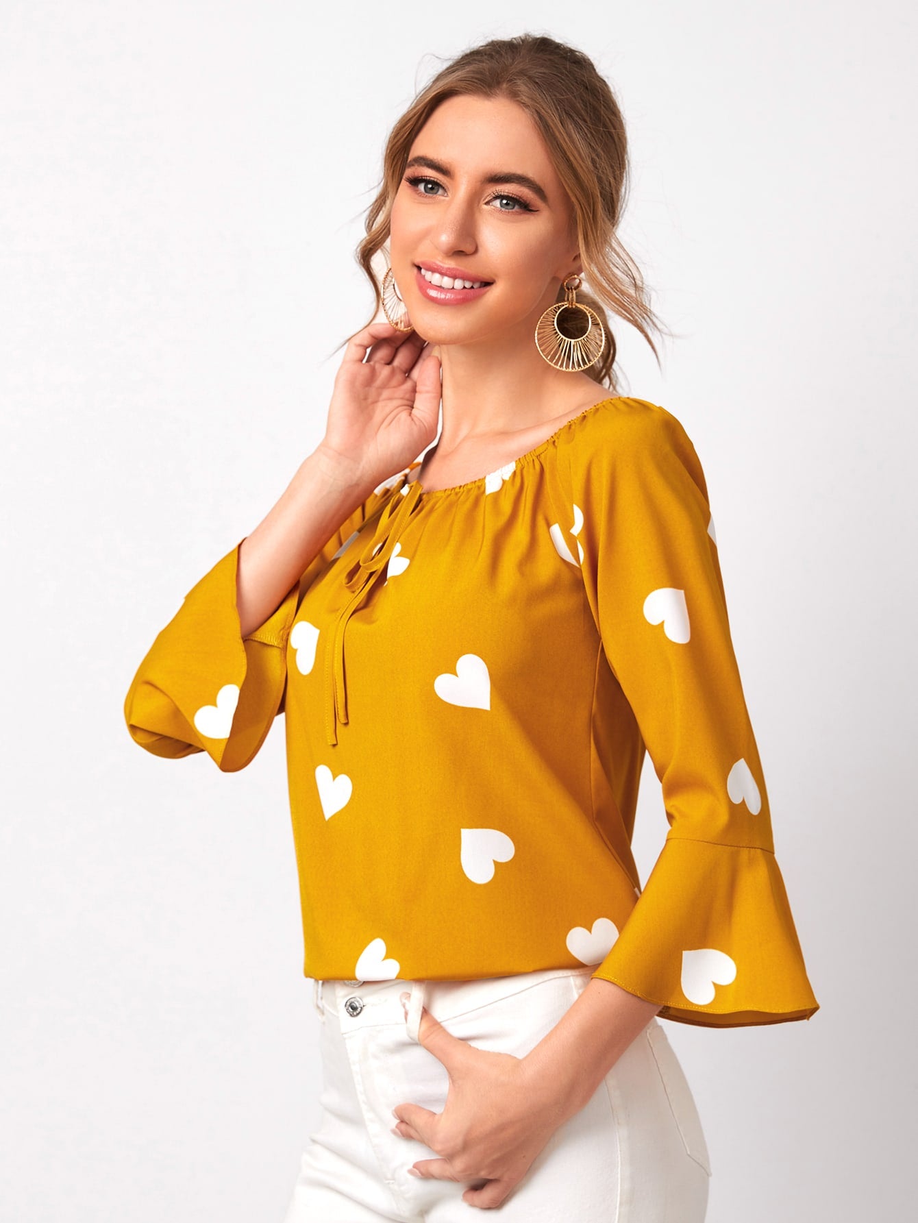 Heart Print Tie Neck Flounce Sleeve Blouse