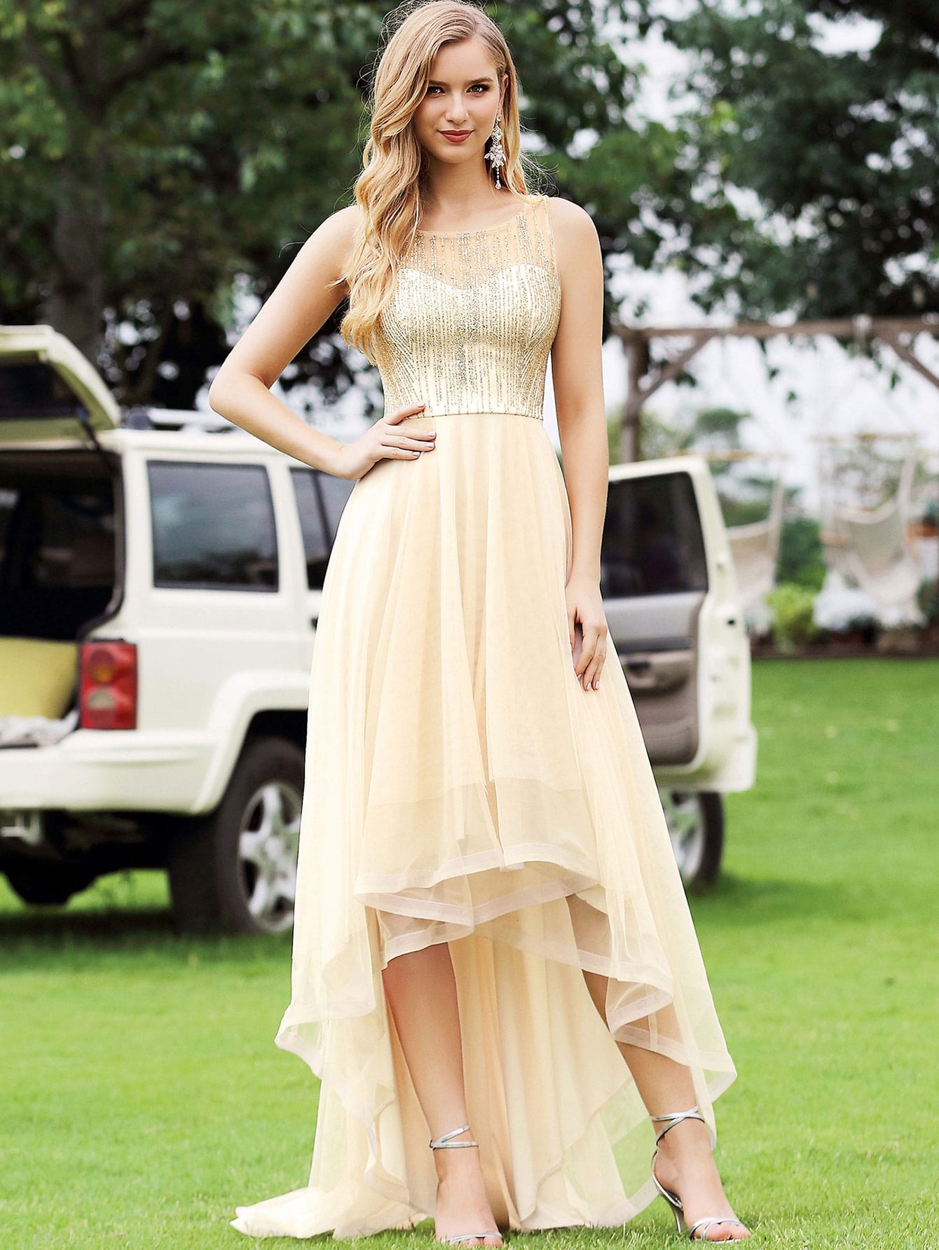 High Low Hem Glitter Bodice Mesh Prom Dress