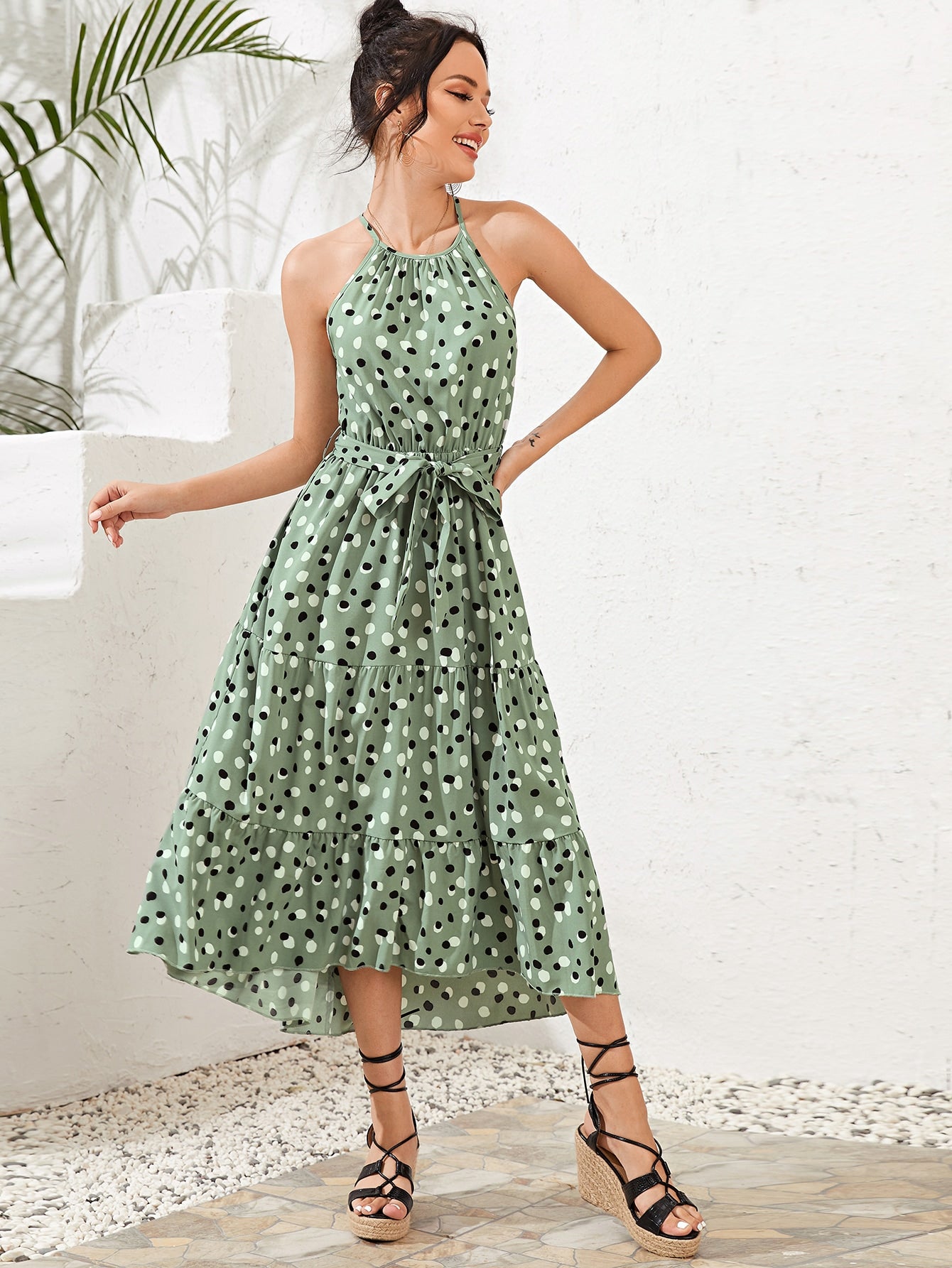 High Low Polka Dot Print Belted Halter Dress