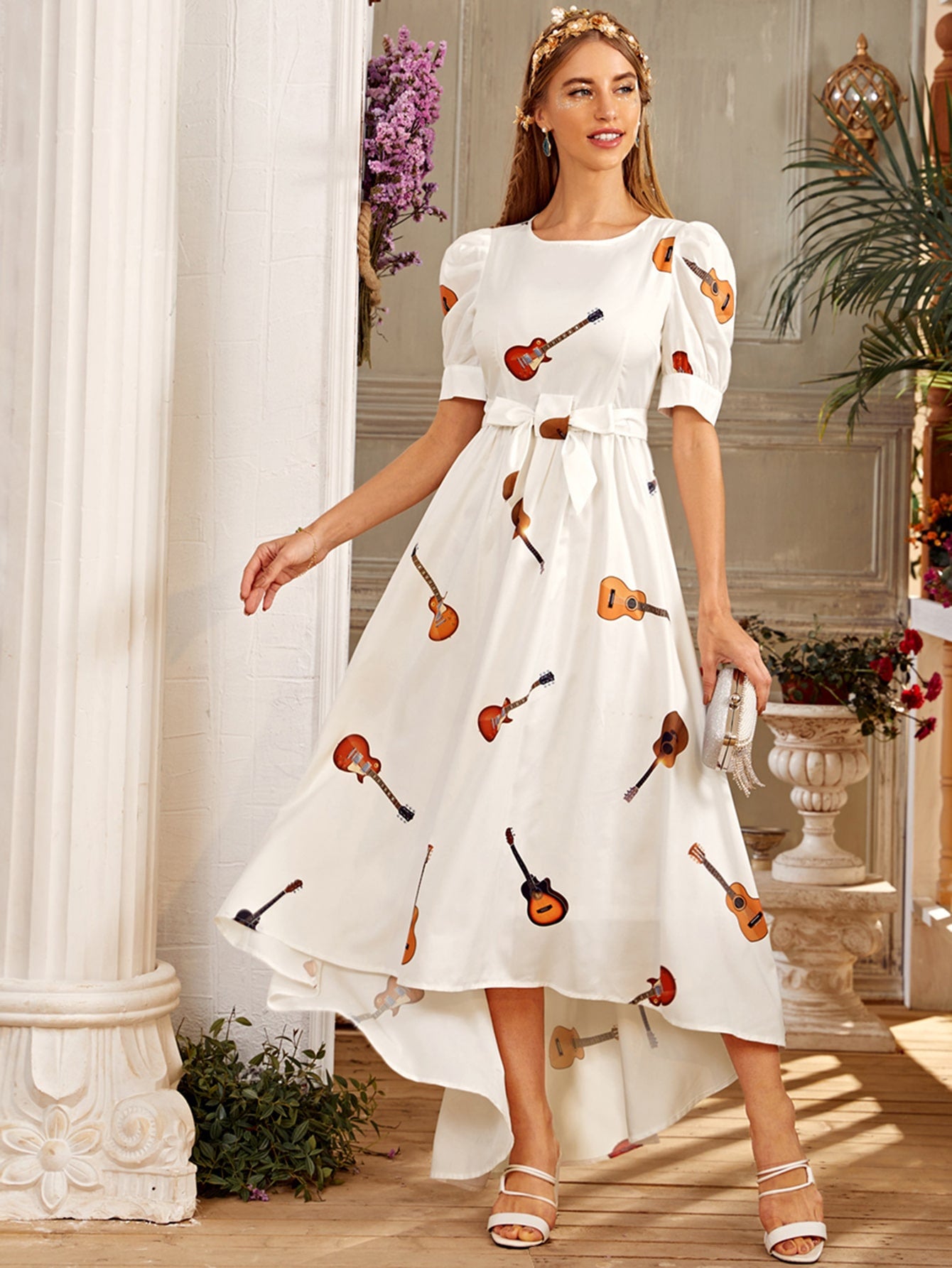 High Low Violin Print Belted Dress