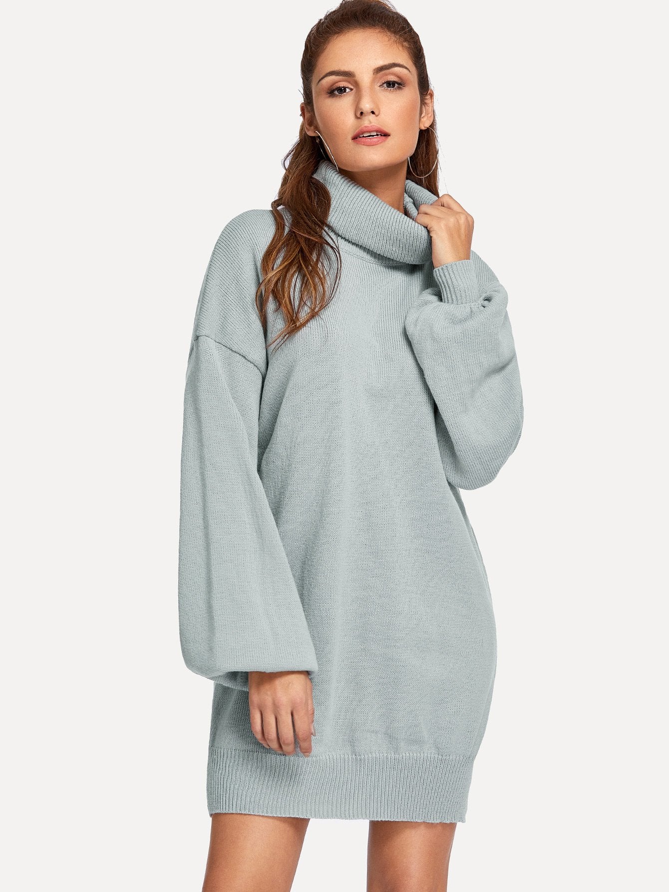 High Neck Drop Shoulder Solid Sweater Dress