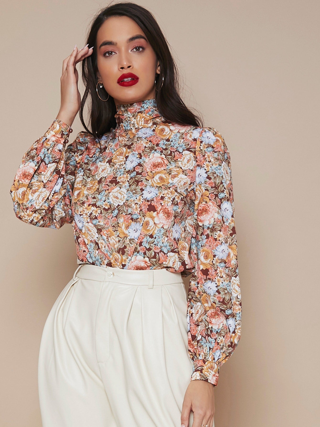 High Neck Lantern Sleeve Floral Top