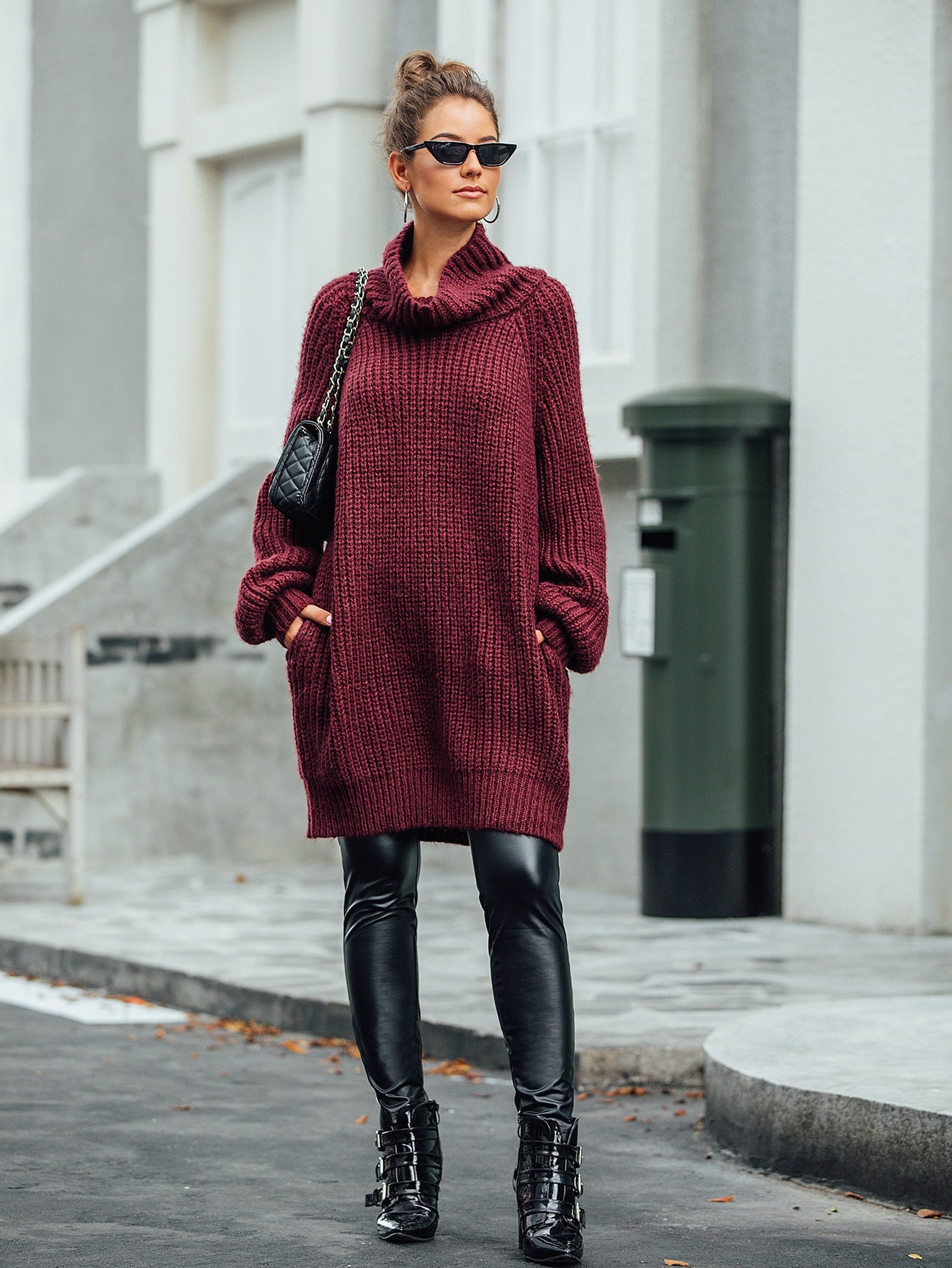 High Neck Pocket Side Sweater Dress