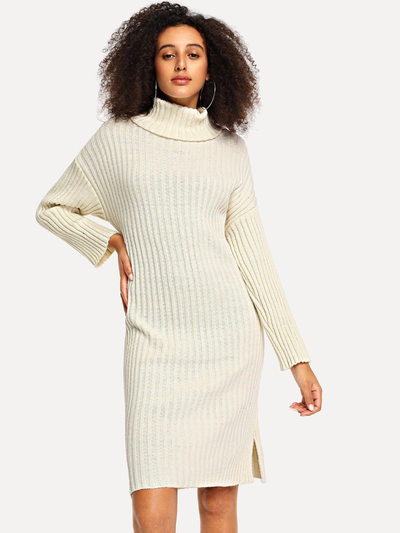 High Neck Slit Hem Sweater Dress