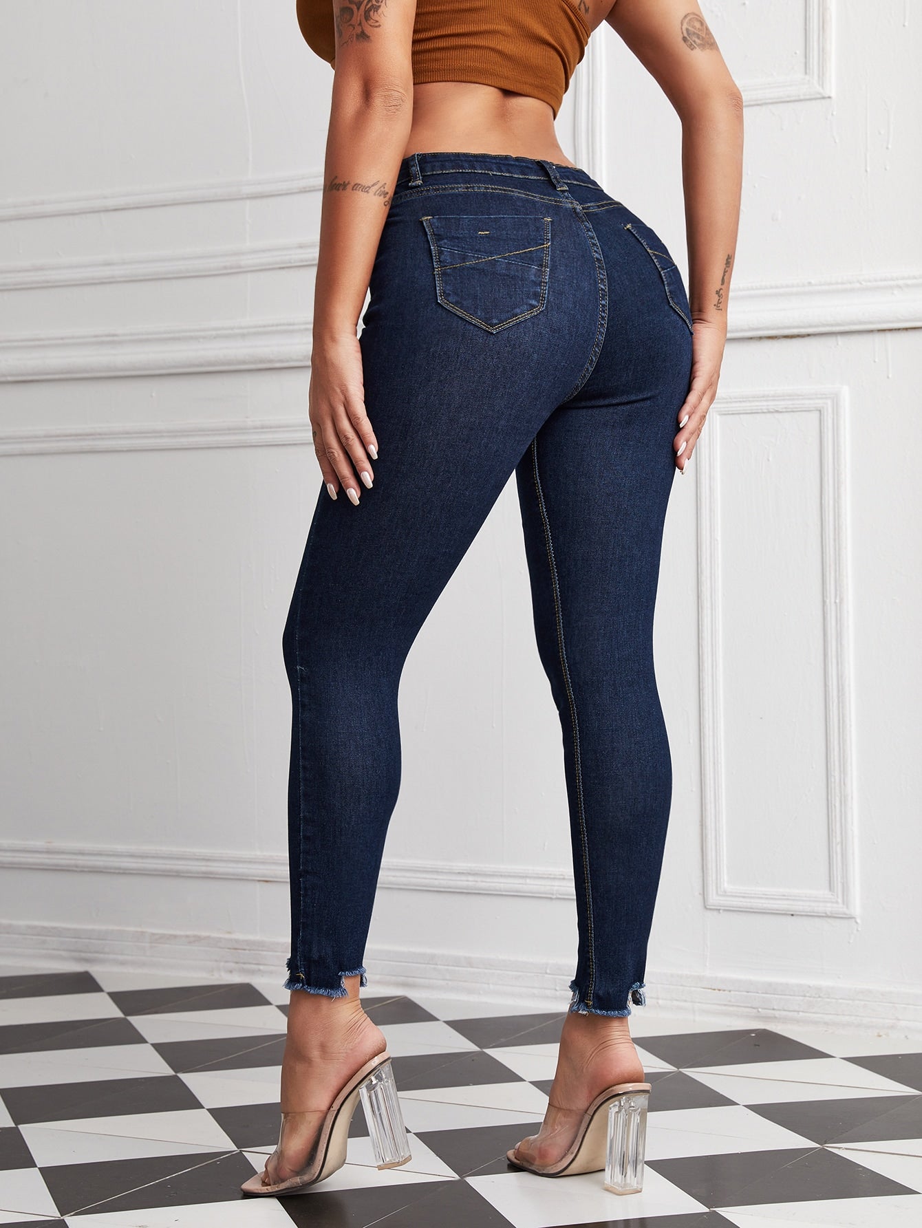 High Stretch Raw Hem Skinny Jeans