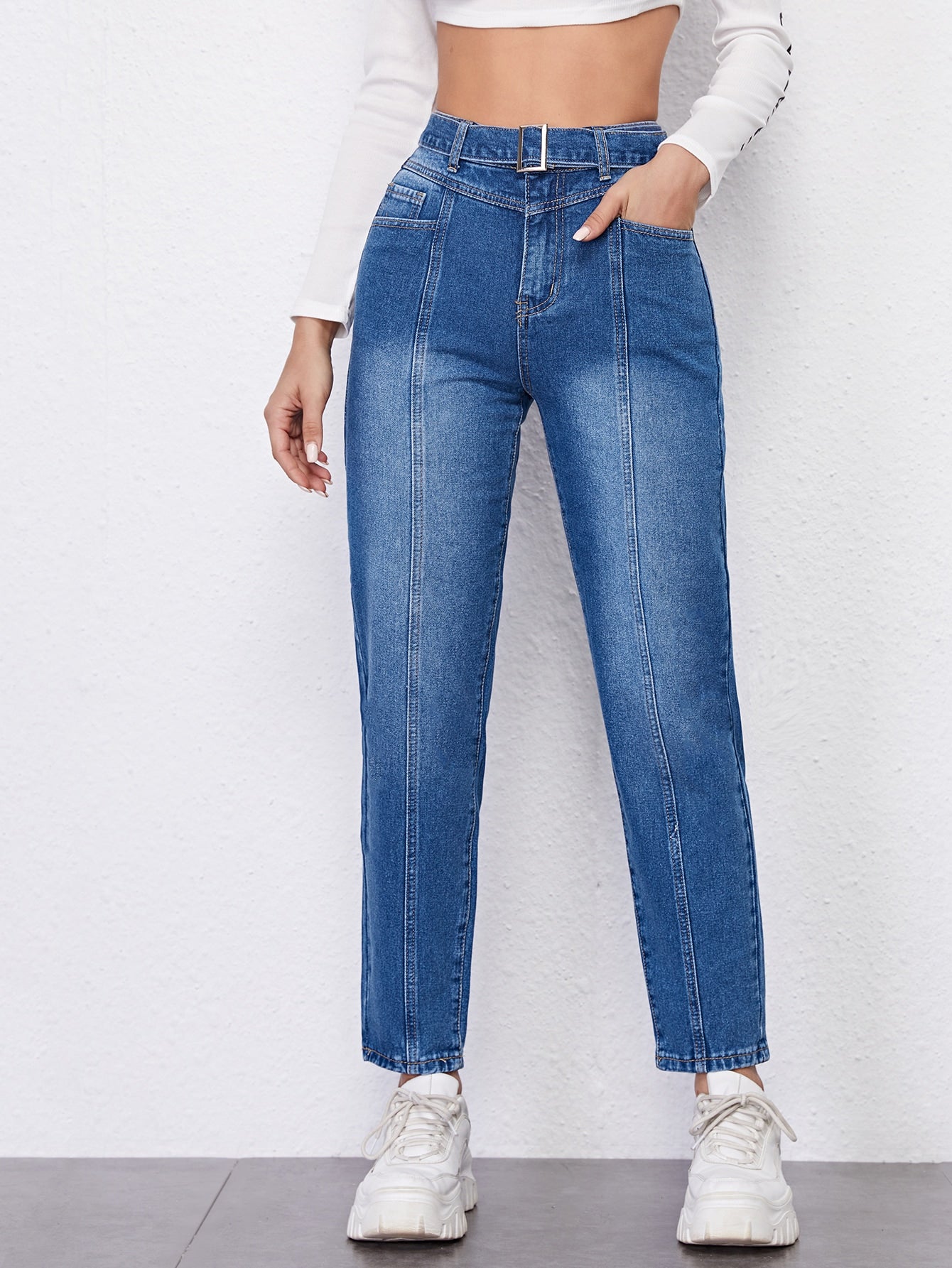 High Waist Belted Straight Leg Jeans