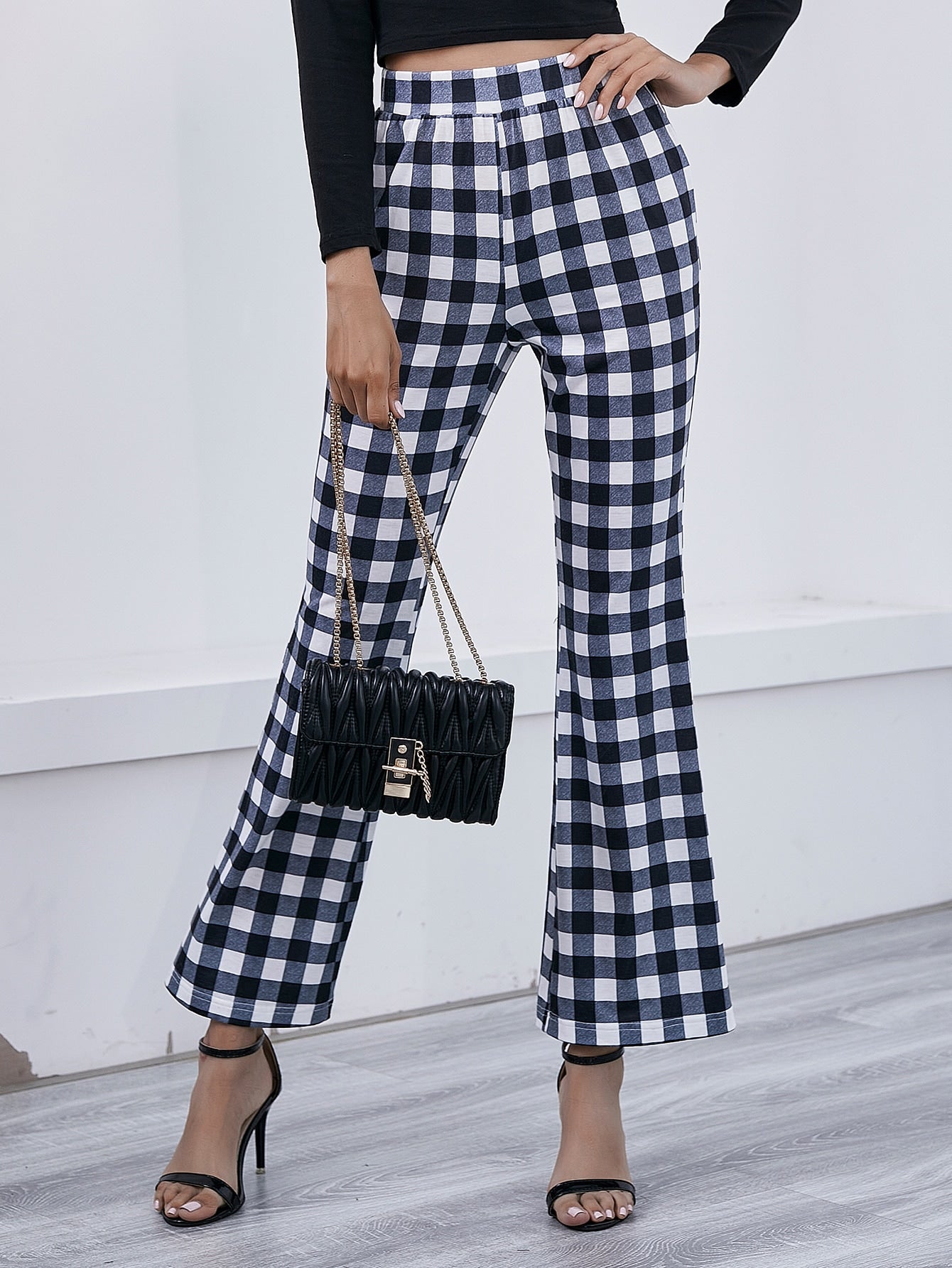 High Waist Buffalo Plaid Flare Leg Pants