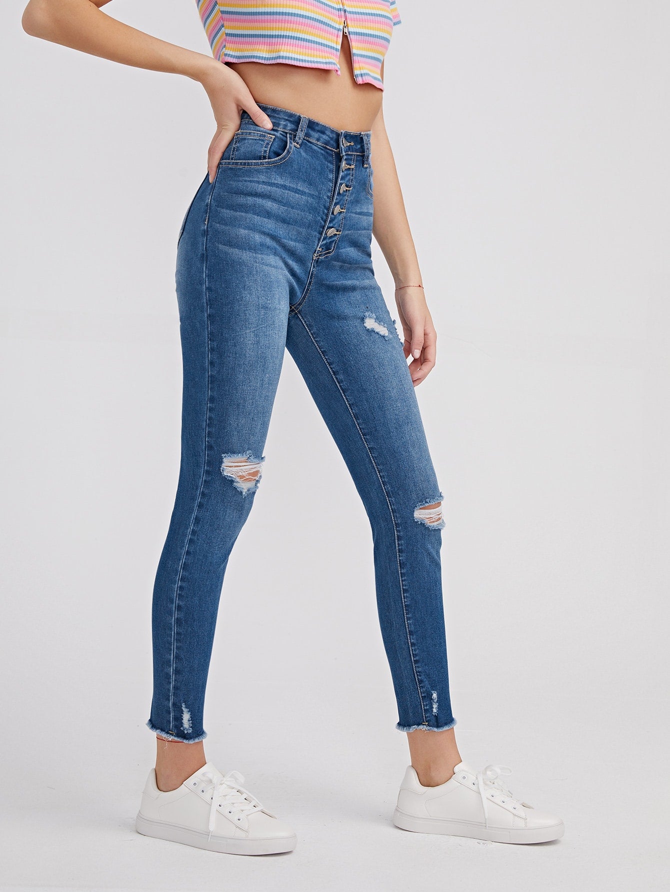 High Waist Button Fly Ripped Skinny Cropped Jeans