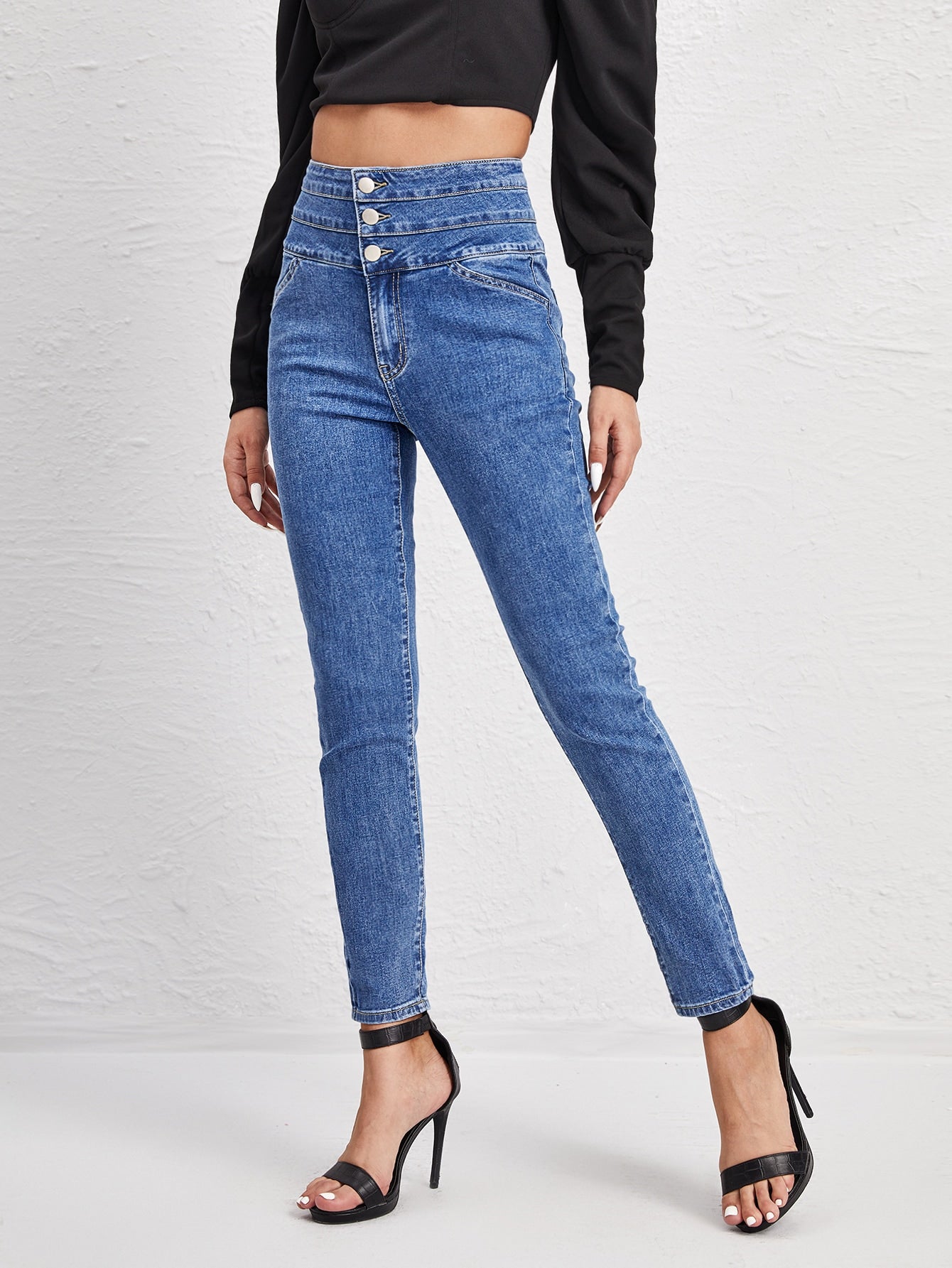 High Waist Button Front Skinny Jeans