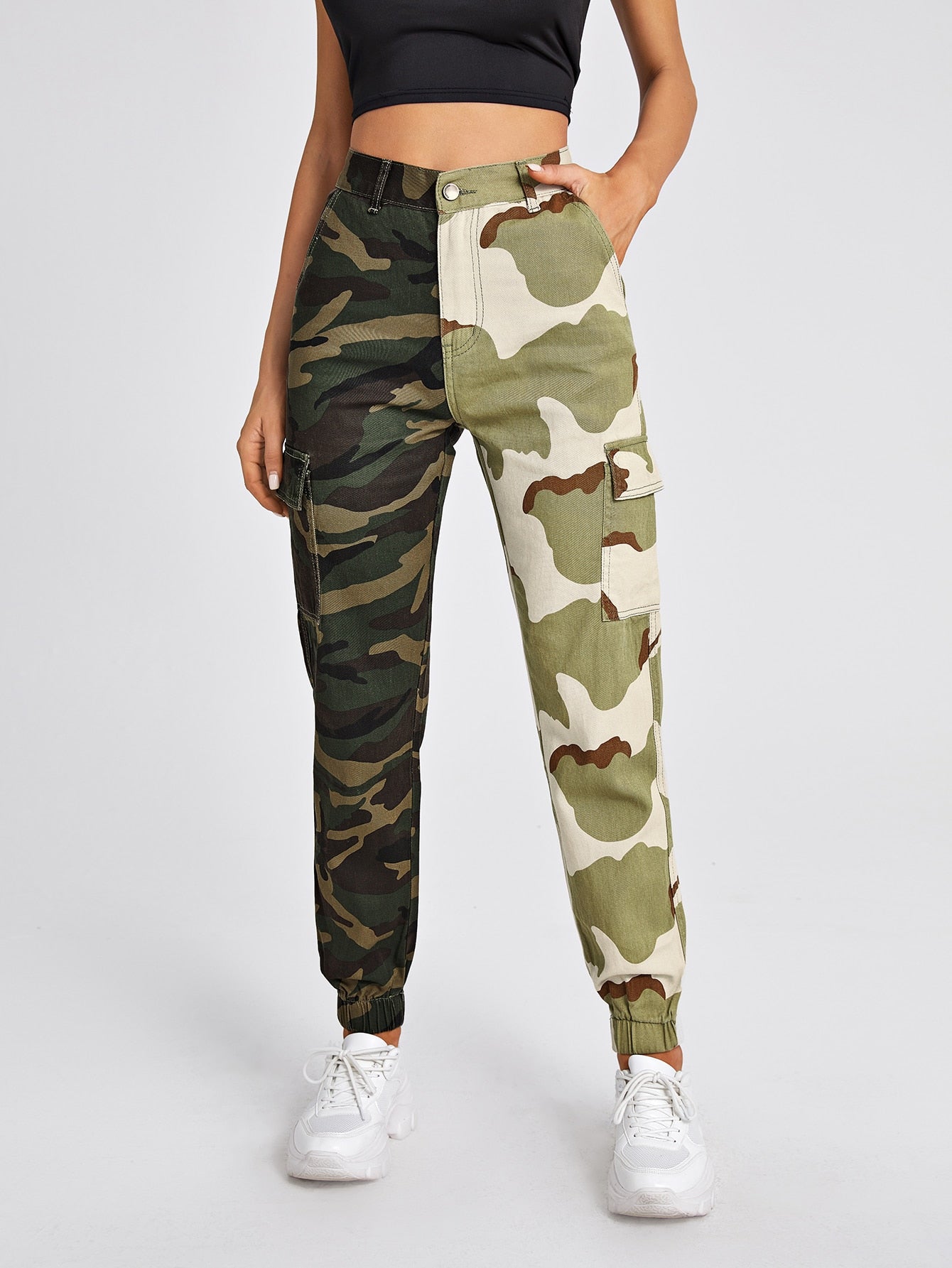 High Waist Camo Colorblock Cargo Jeans