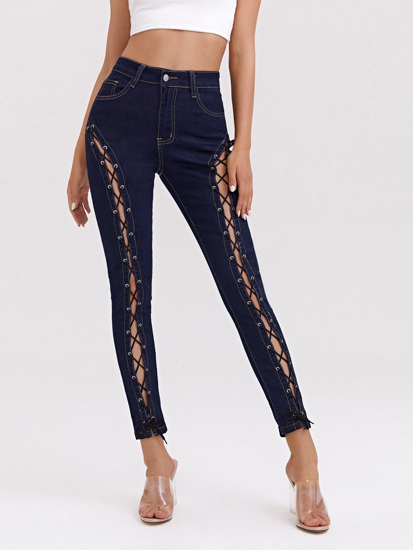 High Waist Lace Up Front Skinny Jeans