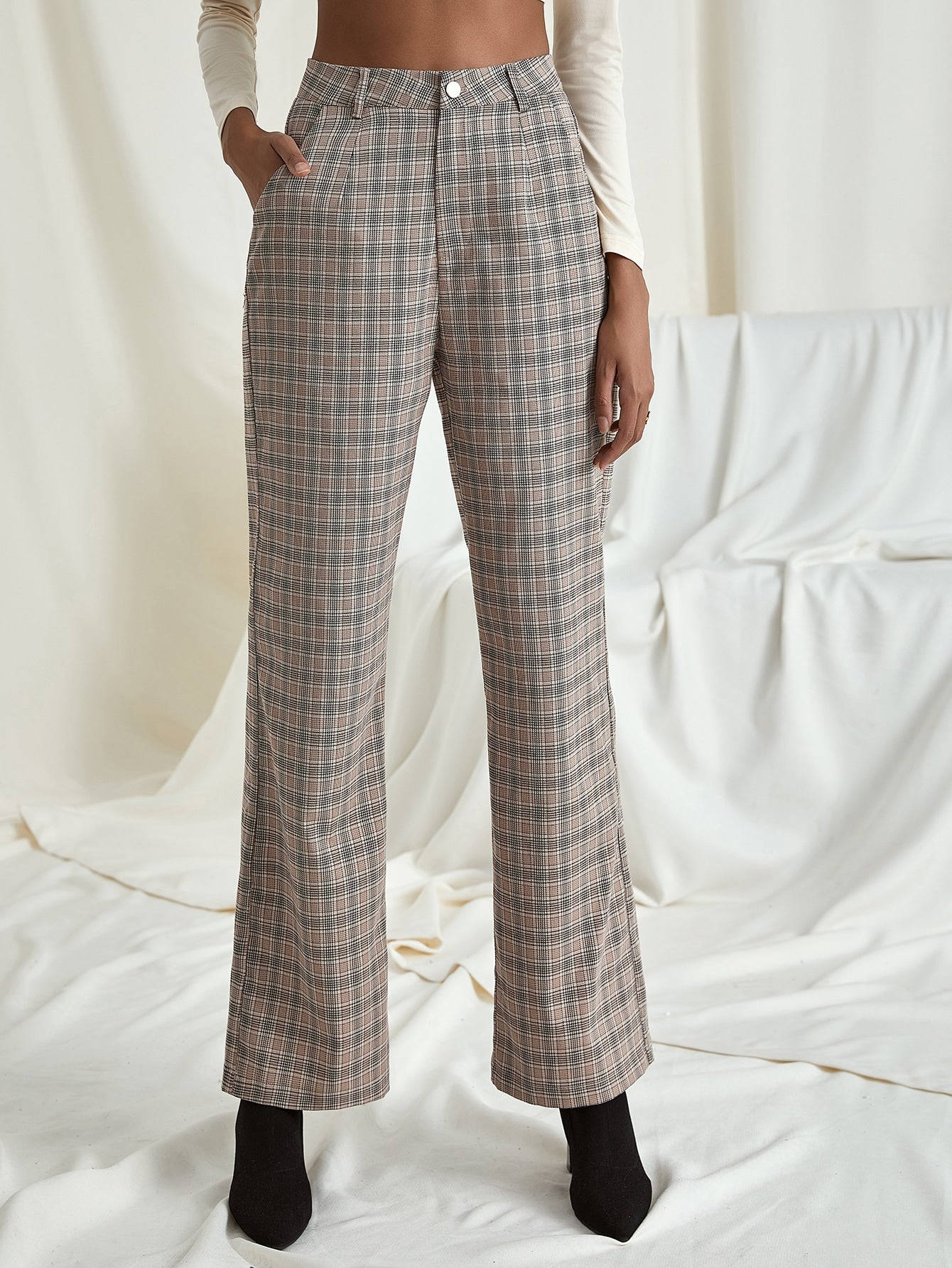 High Waist Plaid Straight Leg Pants