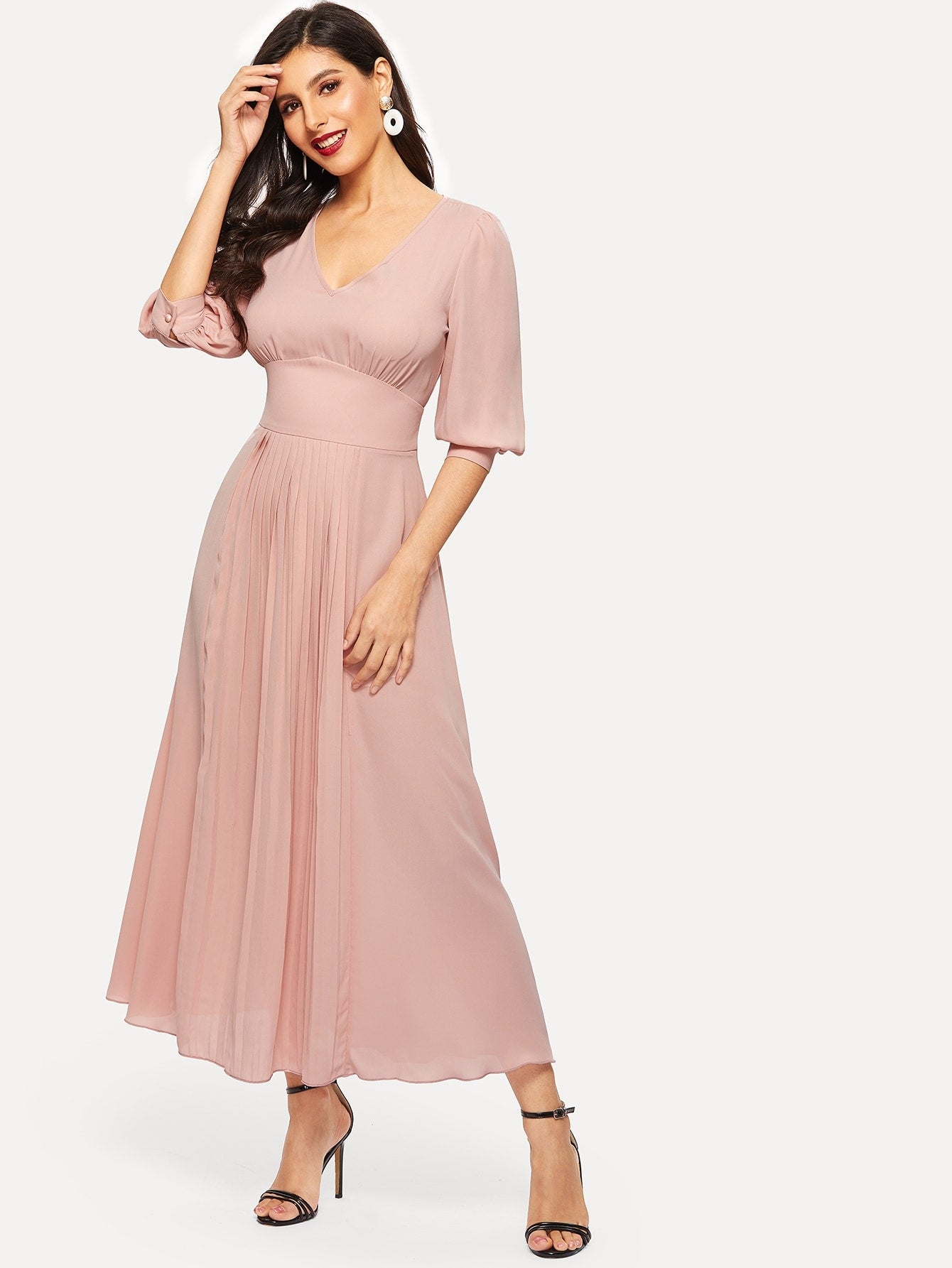 High Waist Pleated Detail Solid Dress