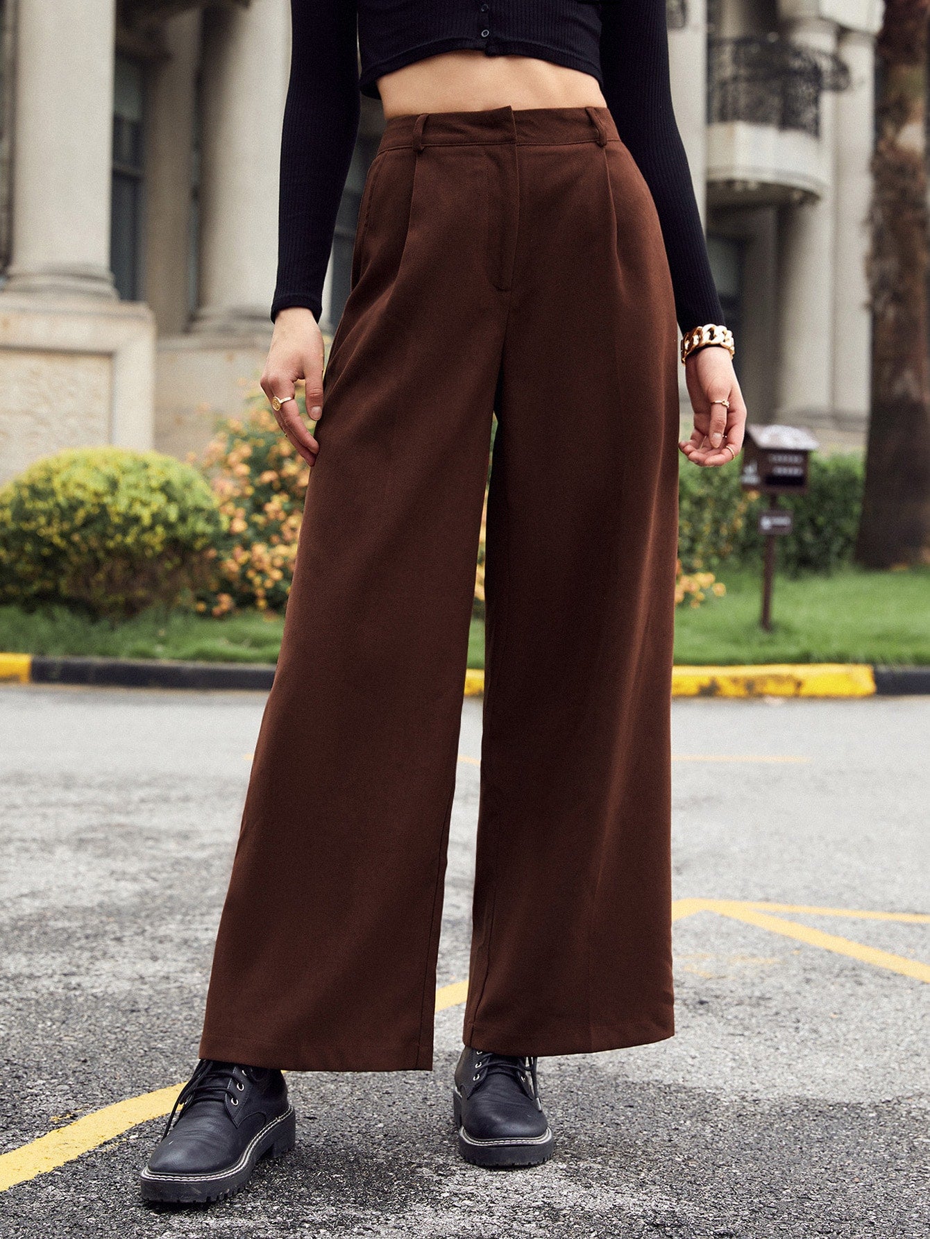 High Waist Pocket Side Wide Leg Pants