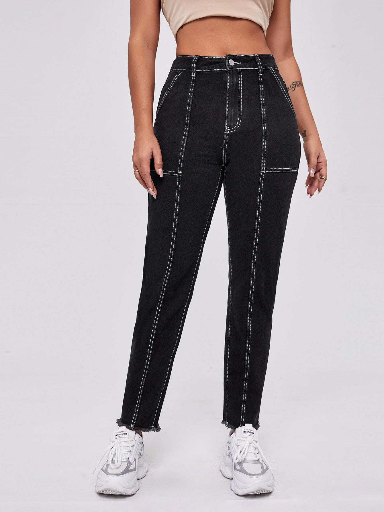 High Waist Raw Hem Mom Jeans