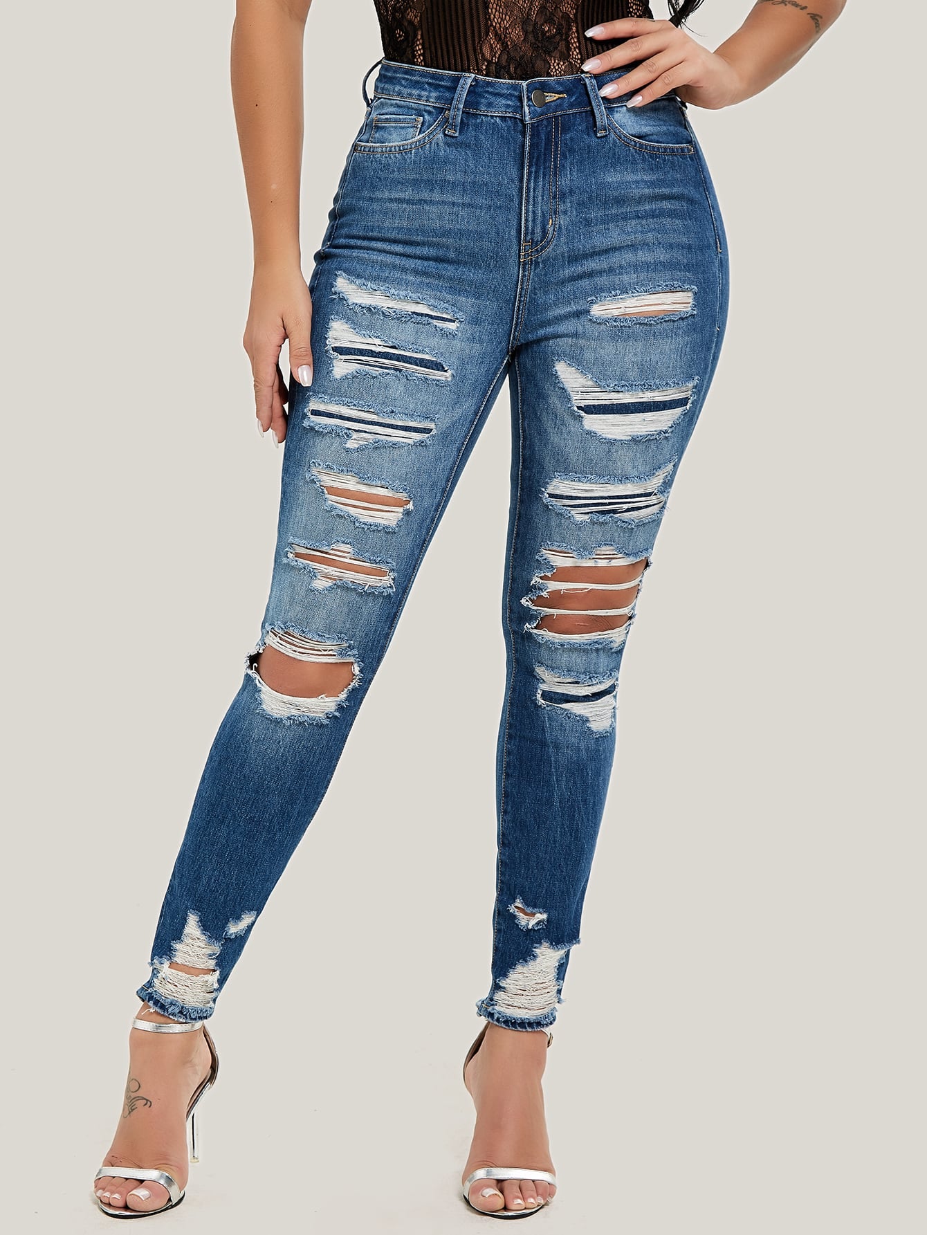 High Waist Raw Hem Ripped Skinny Jeans