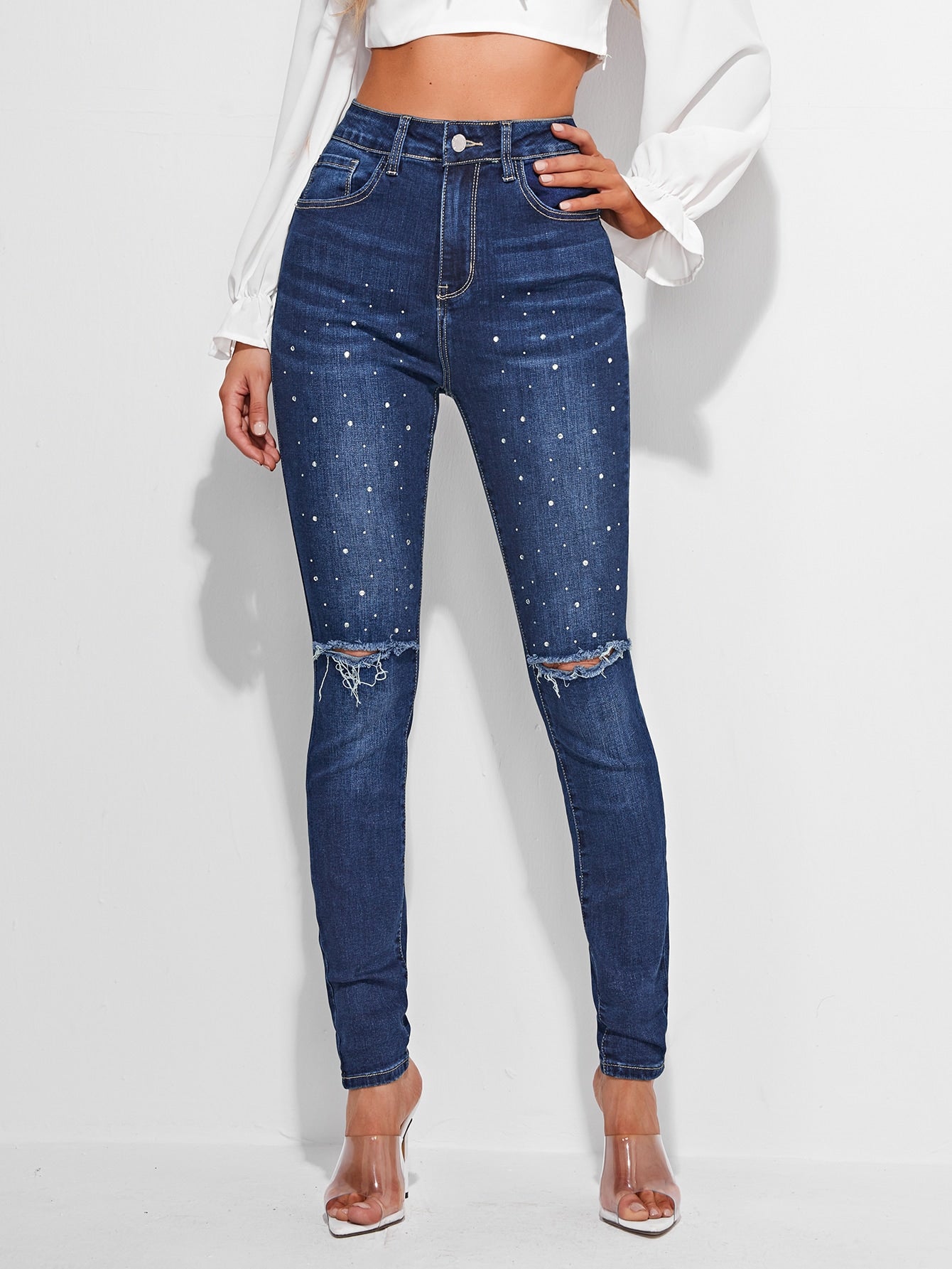 High Waist Rhinestone Ripped Skinny Jeans