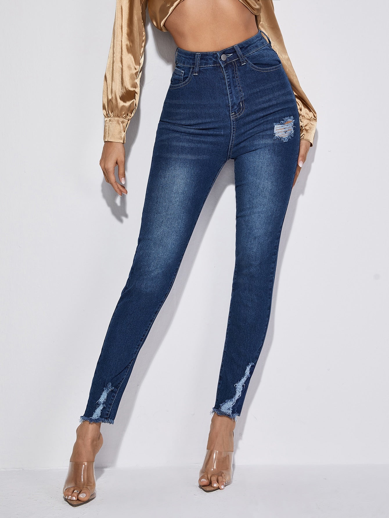 High Waist Ripped Raw Hem Skinny Jeans