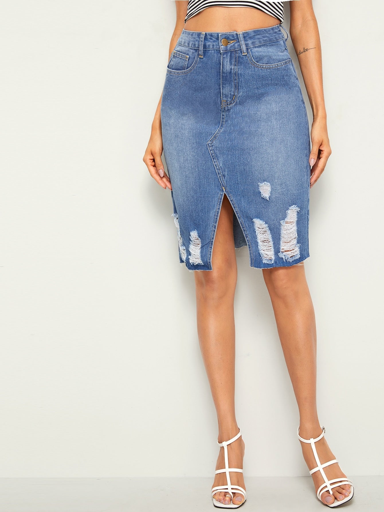 High Waist Ripped Slit Hem Denim Skirt