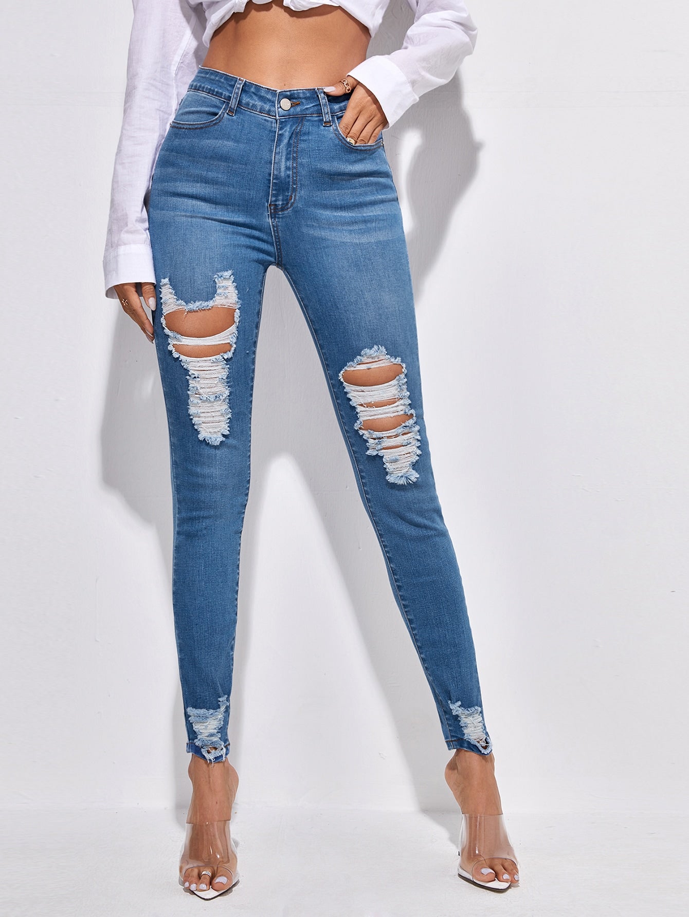 High Waist Slant Pocket Ripped Skinny Jeans