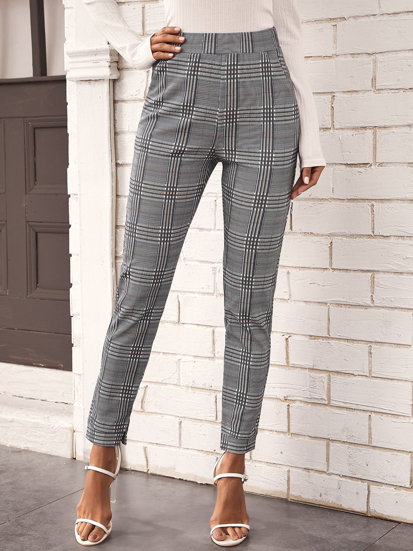 High Waist Split Hem Plaid Pants