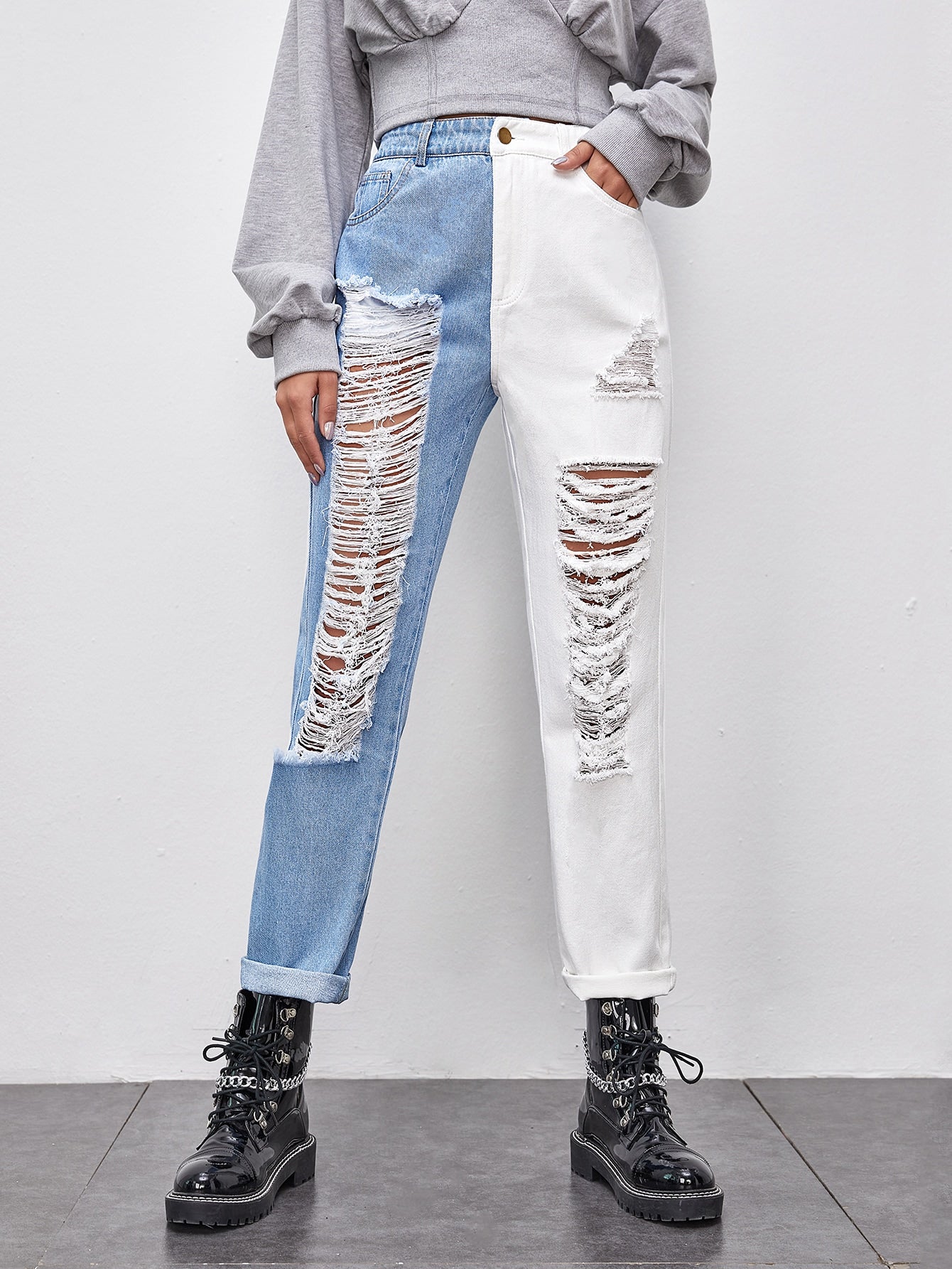 High Waist Two Tone Ripped Straight Jeans