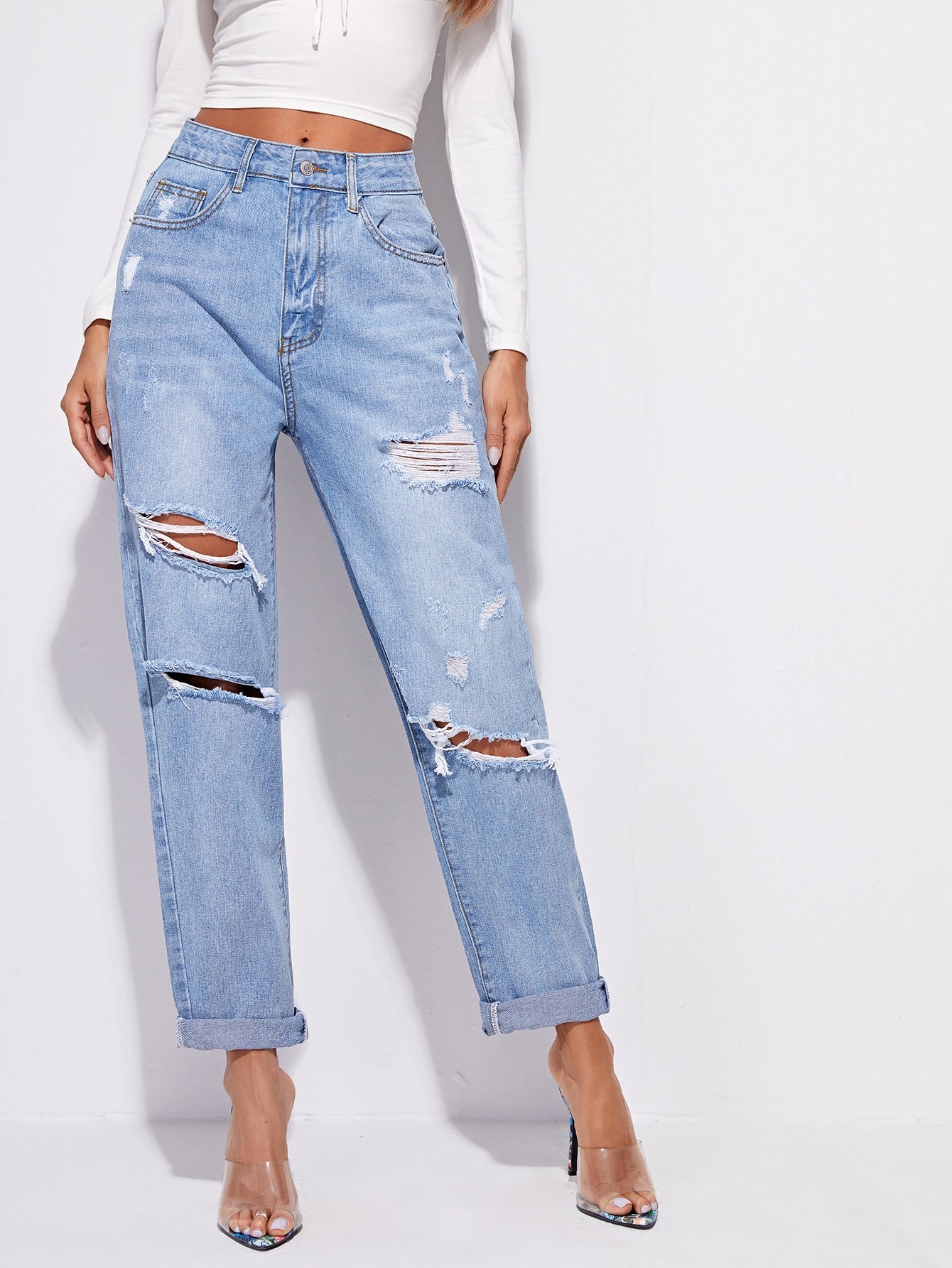 High-Waisted Ripped Baggy Jeans