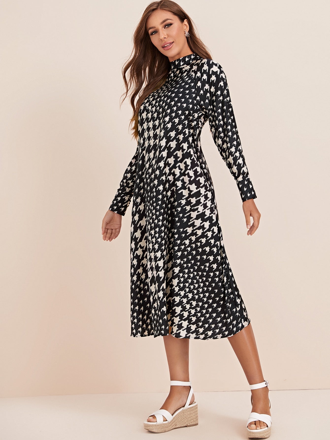 Houndstooth Print Mock Neck Dress