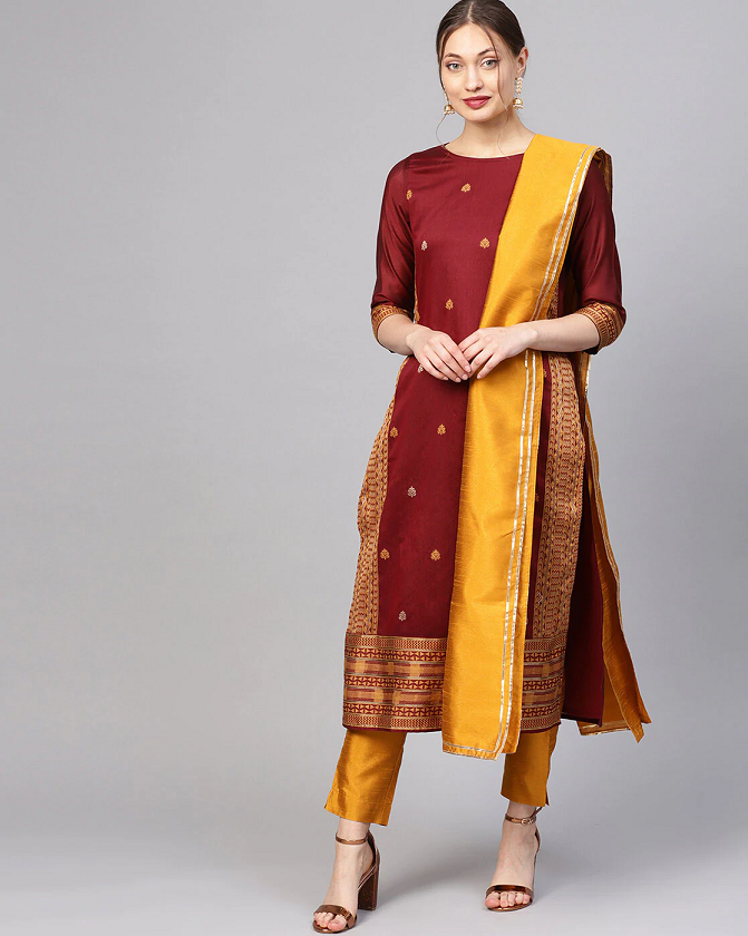 Jacquard Straight Kurta, Pants & Dupatta