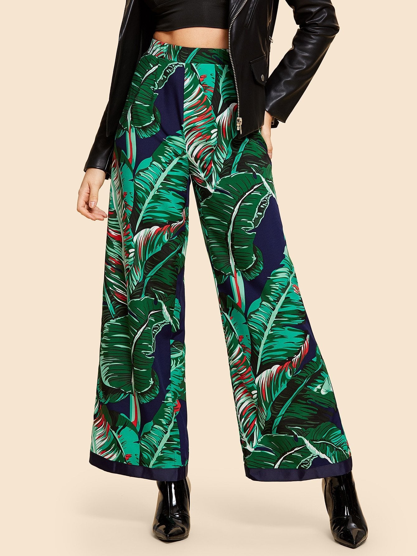 Jungle Leaf Print Wide Leg Pants