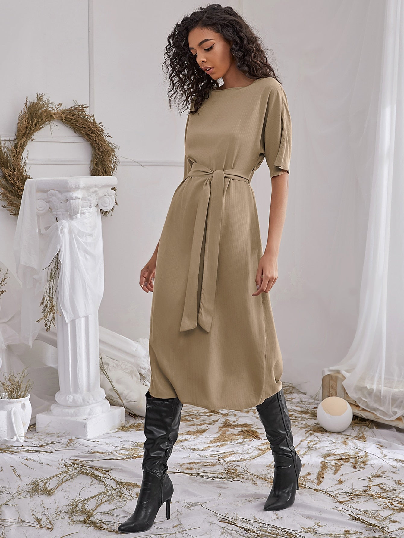 Keyhole Back Batwing Sleeve Belted Dress