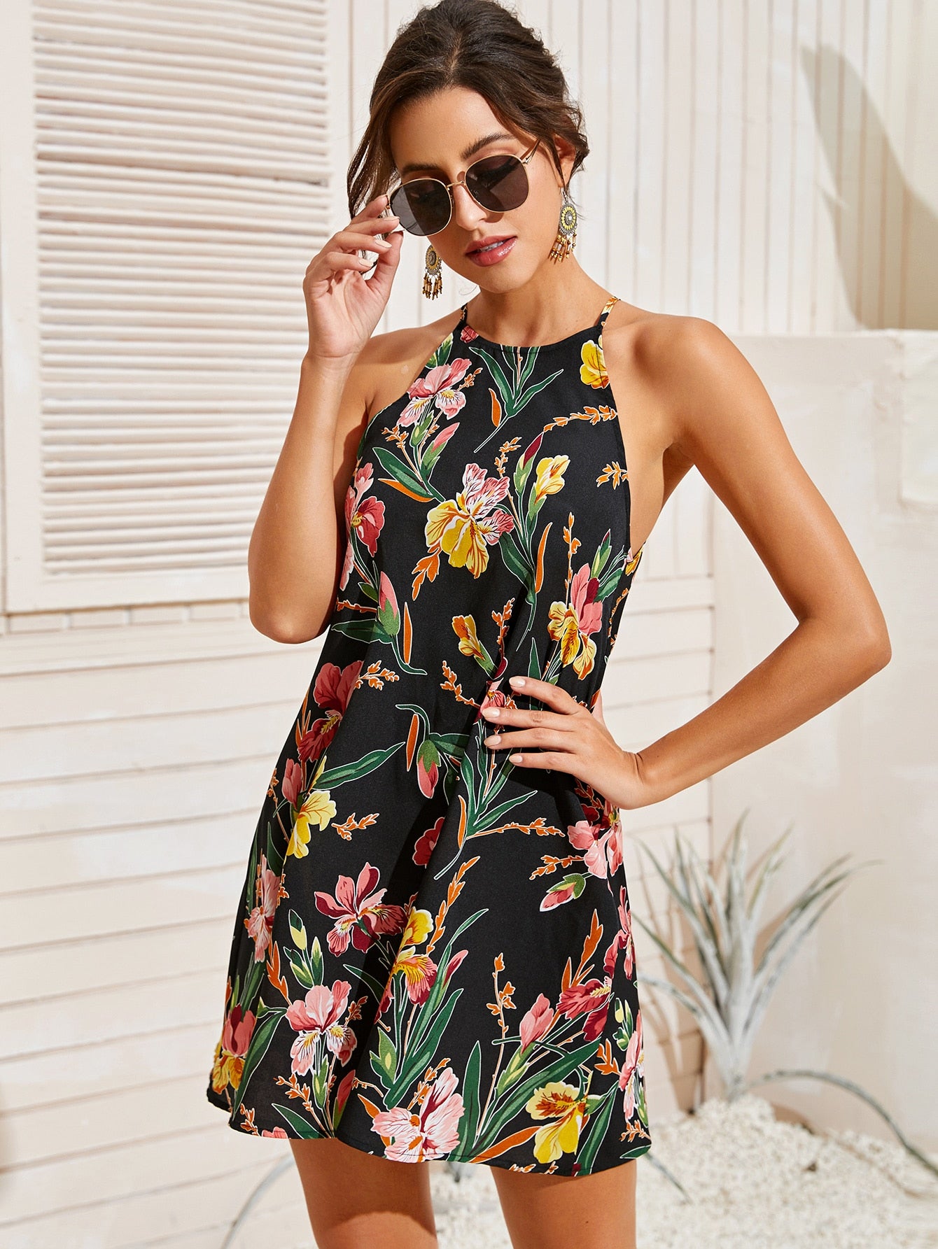 Keyhole Back Botanical Print Halter Dress