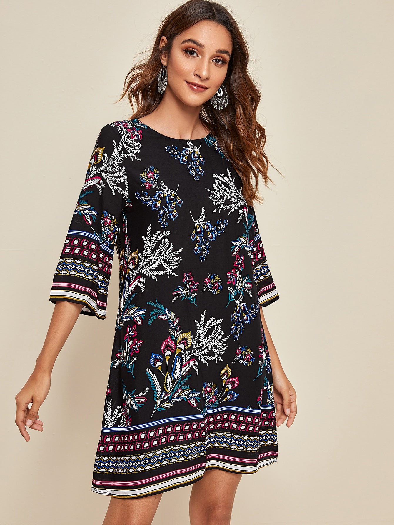 Keyhole Back Botanical Print Tunic Dress