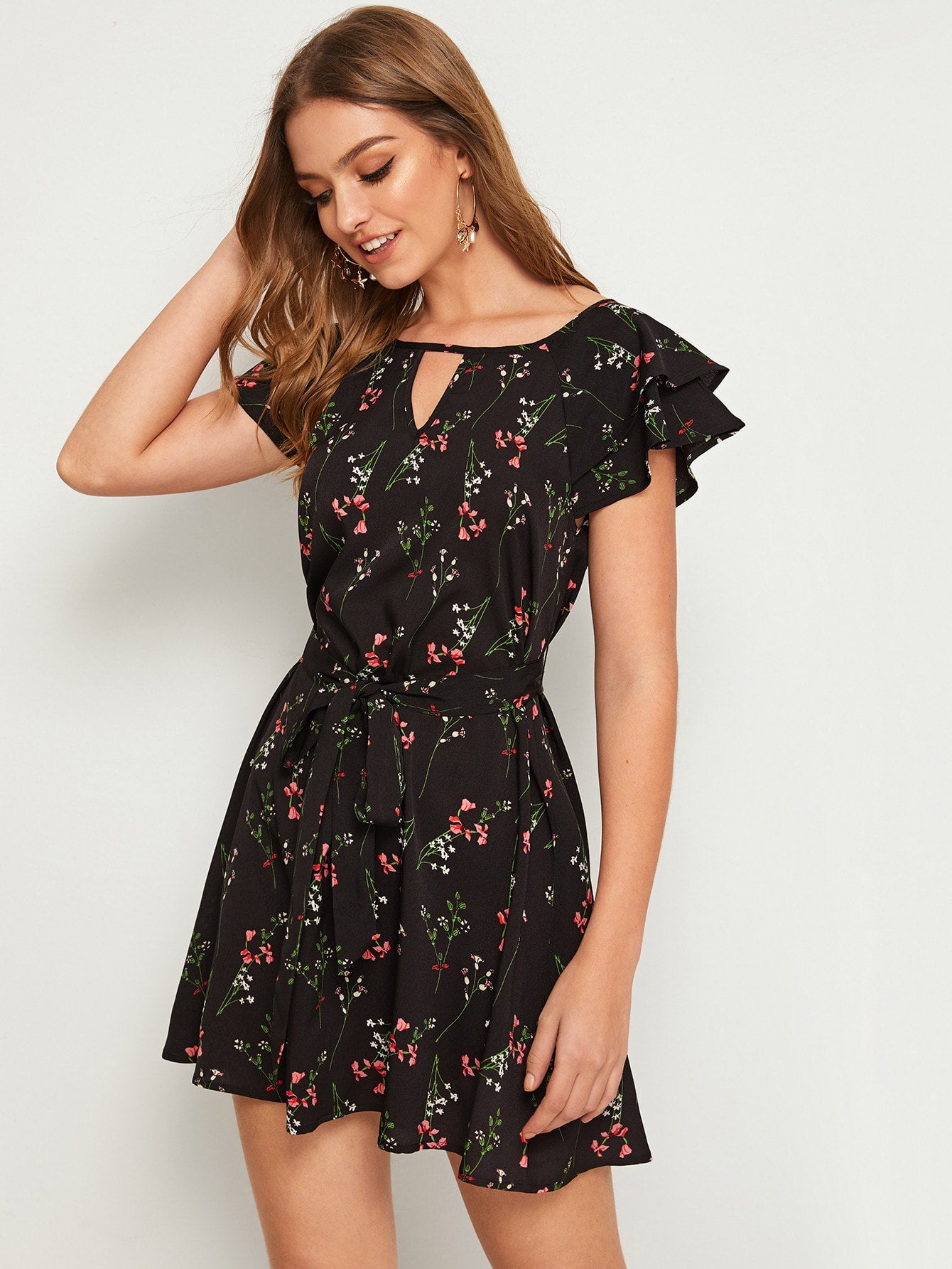 Keyhole Back Butterfly Sleeve Belted Floral Dress