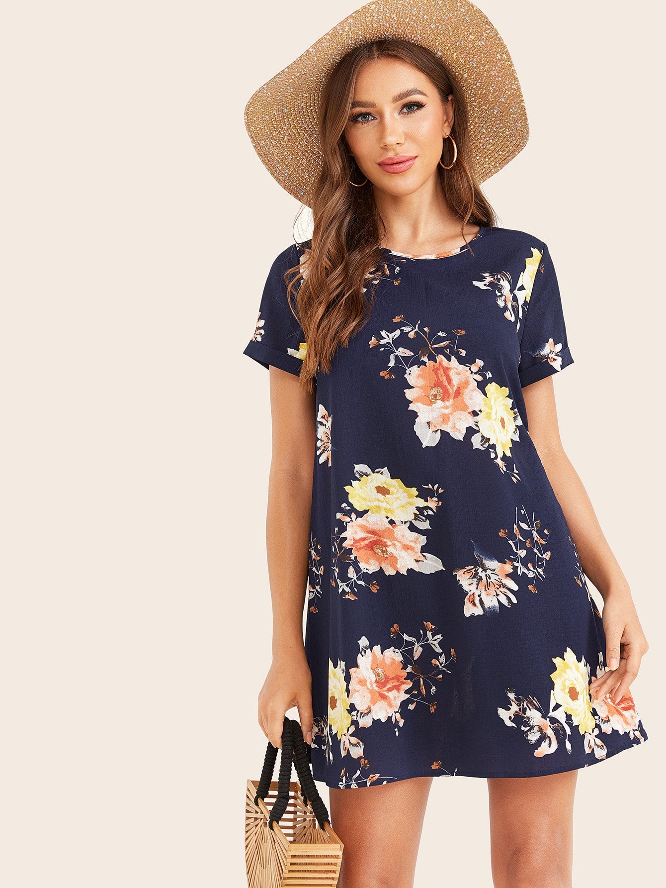 Keyhole Back Cuffed Floral Print Dress